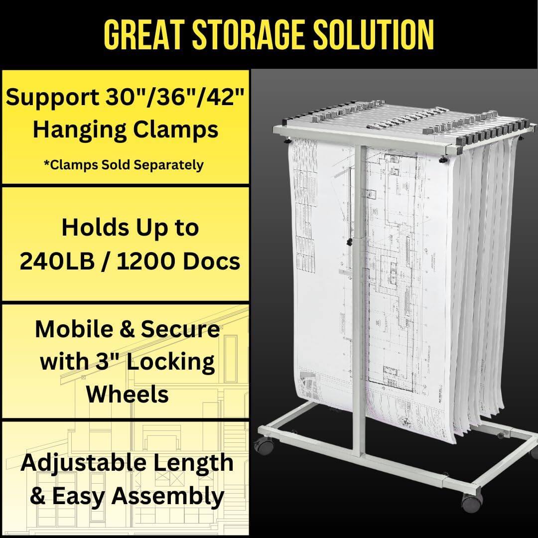 GREAT STORAGE SOLUTION

Support 30"/36"/42" Hanging Clamps *Clamps Sold Separately

Holds Up to 240LB / 1200 Docs

Mobile & Secure with 3" Locking Wheels

Adjustable Length & Easy Assembly