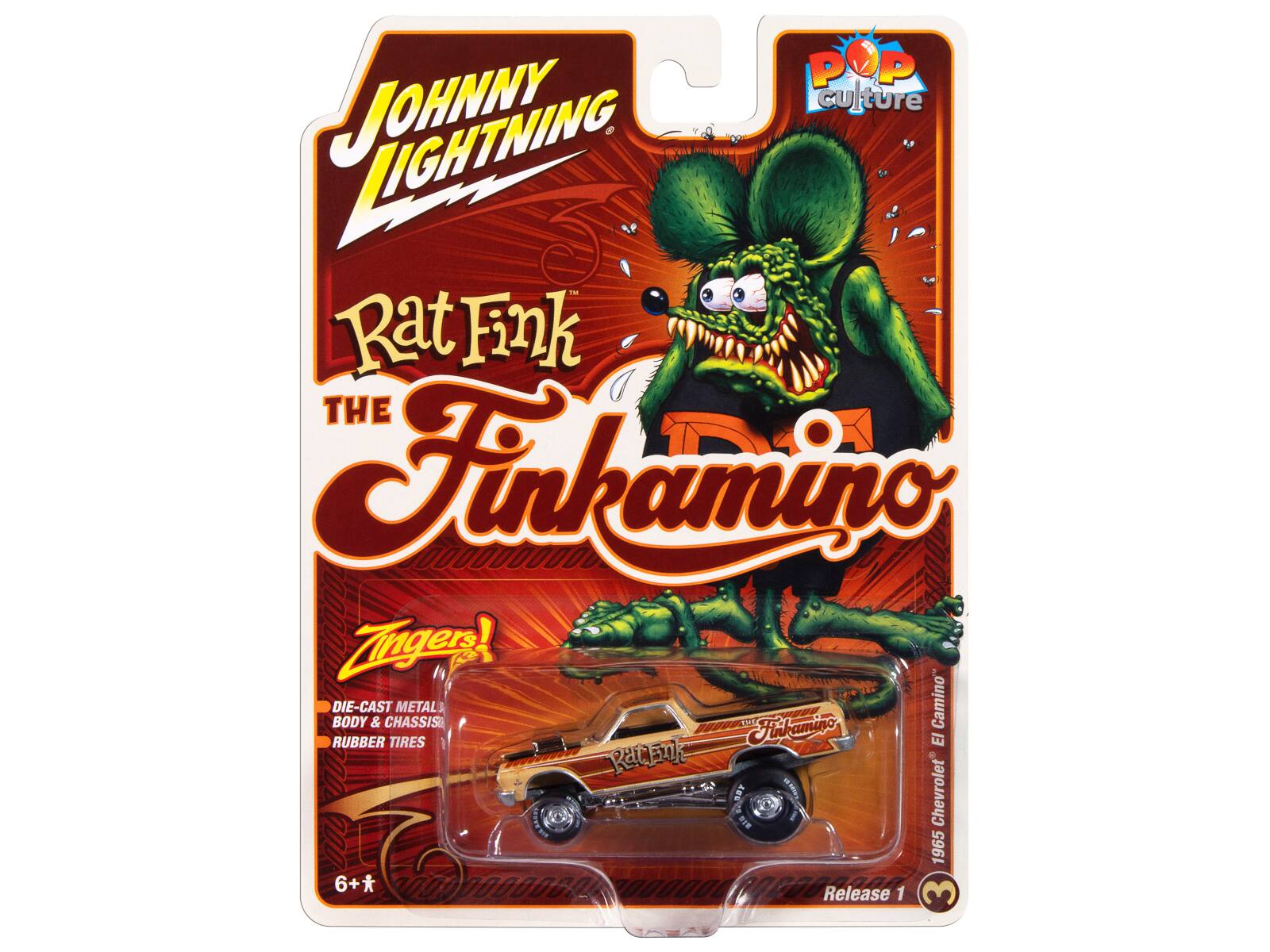 Johnny Lightning  
Rat Fink  
The Finkamino  
Zingers!  
DIE-CAST METAL BODY & CHASSIS  
RUBBER TIRES  
1965 Chevrolet El Camino  
Release 1  
3