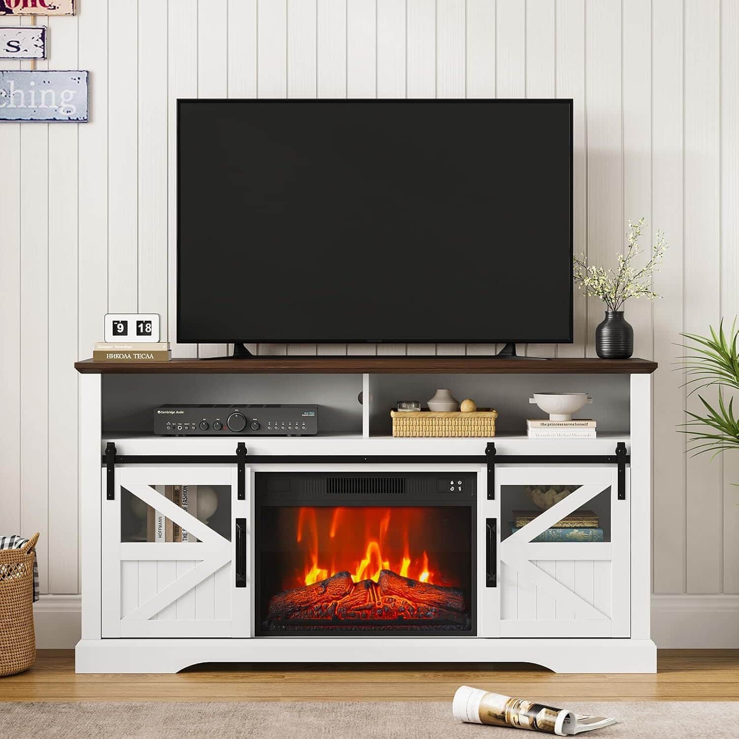 Acekool - Farmhouse Electric Fireplace TV Stand Entertainment Center for Living Room, White