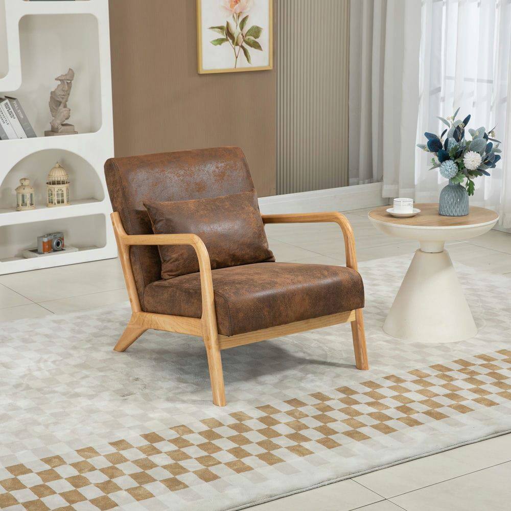 Back. Kadyn - Mid Century Modern Accent Chair with Wood Frame & Waist Cushion, Upholstered Reading Armchair for Living Room, Brown - Brown.