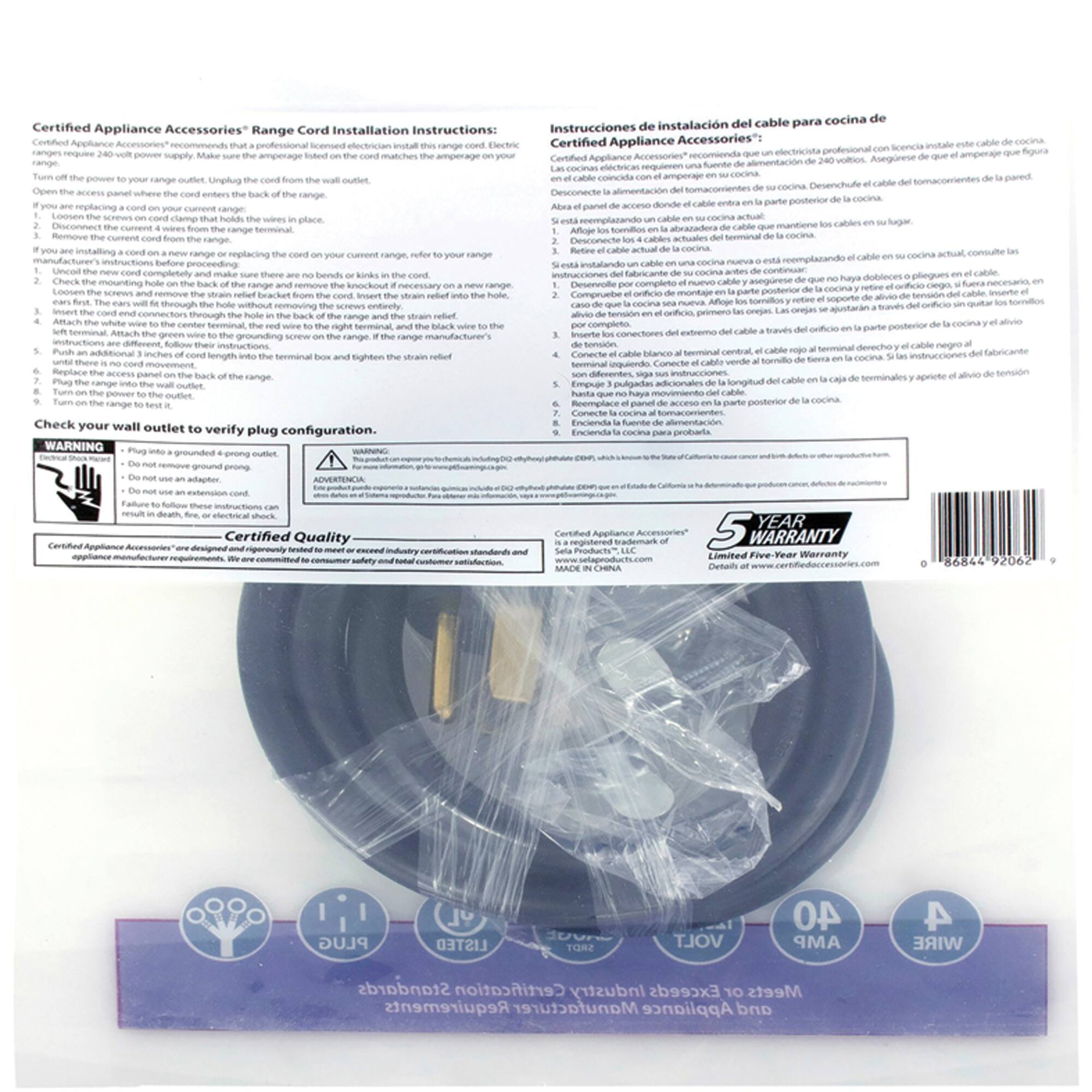 Certified Appliance Accessories® Range Cord Installation Instructions:

Certified Appliance Accessories® recommends that a professional licensed electrician install this range cord. Electric ranges require a 240-volt power supply. Make sure the ampere rating on the cord matches the amperage listed on the range.

1. Turn off the power to your range outlet. Unplug the cord from the wall outlet.
2. Open the access panel where the cord enters the back of the range.
3. Disconnect the current 4-wire cord from the range.
4. If you are installing a cord on a new range or replacing the cord on your current range, refer to your range manufacturer's instructions before proceeding.
5. Check the mounting hole on the back of the range and remove the knockout or necessary in a new range.
6. Remove the strain relief from the end of the cord.
7. Insert the cord end connectors through the hole in the back of the range and the strain relief.
8. Attach the green wire to the ground screw. If the cord is not in motion, follow the manufacturer's instructions.
9. Push an additional 1/2 inch of insulation back on the cord and tighten the strain relief.
10. Plug the range into the wall outlet