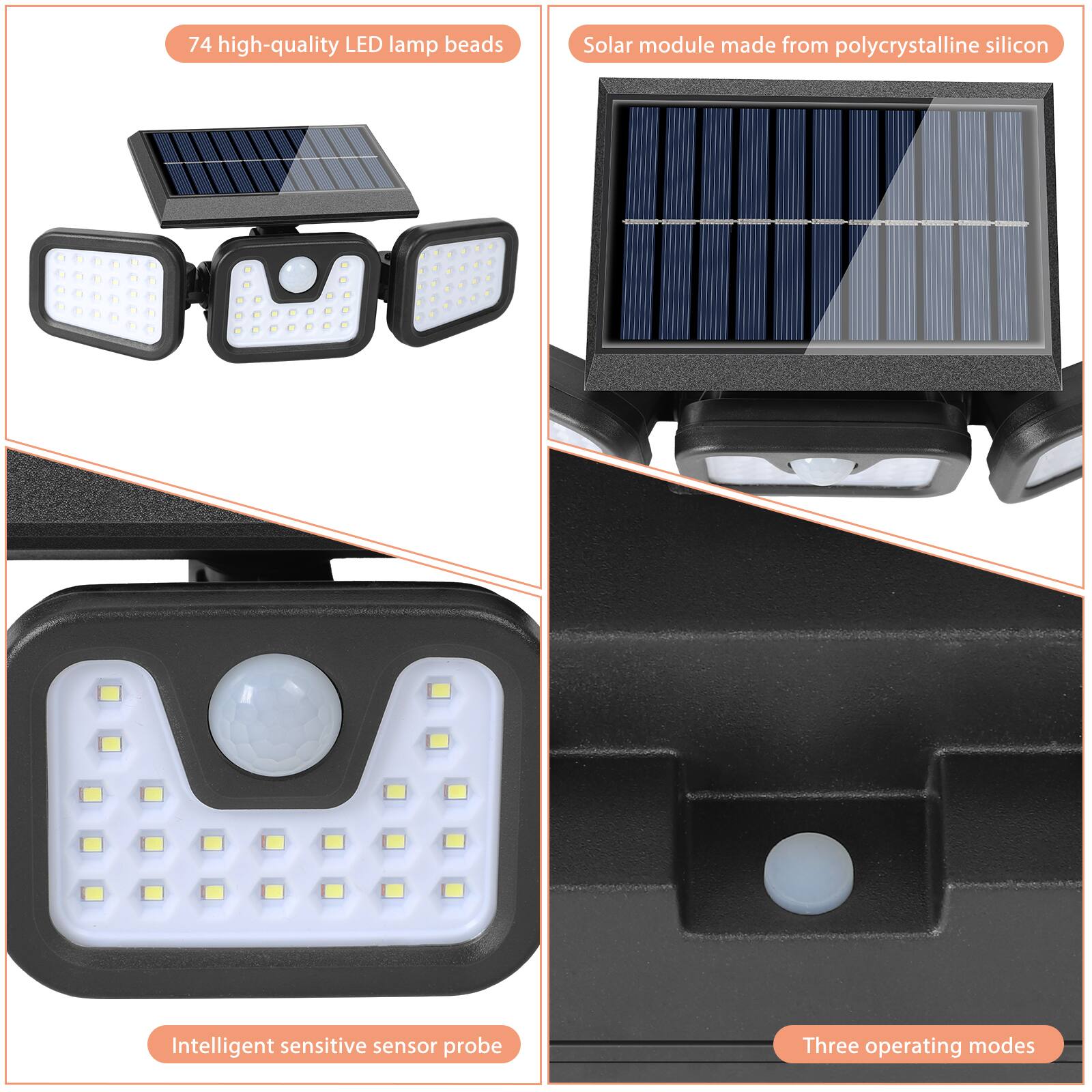 74 high-quality LED lamp beads

Solar module made from polycrystalline silicon

Intelligent sensitive sensor probe

Three operating modes