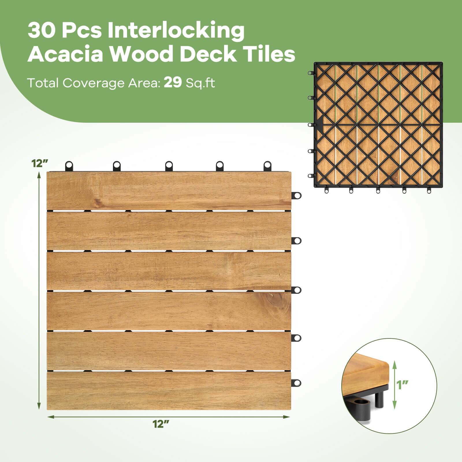 30 Pcs Interlocking Acacia Wood Deck Tiles  
Total Coverage Area: 29 Sq.ft  
12" x 12"
