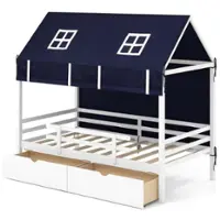 Costway Twin House Bed Solid Wood Playhouse Bed Low Loft Bed with Tent 2 Storage Drawers - White - Front_Zoom