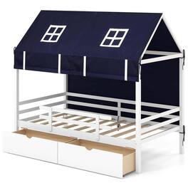 Costway - Twin House Bed Solid Wood Playhouse Bed Low Loft Bed with Tent 2 Storage Drawers - White