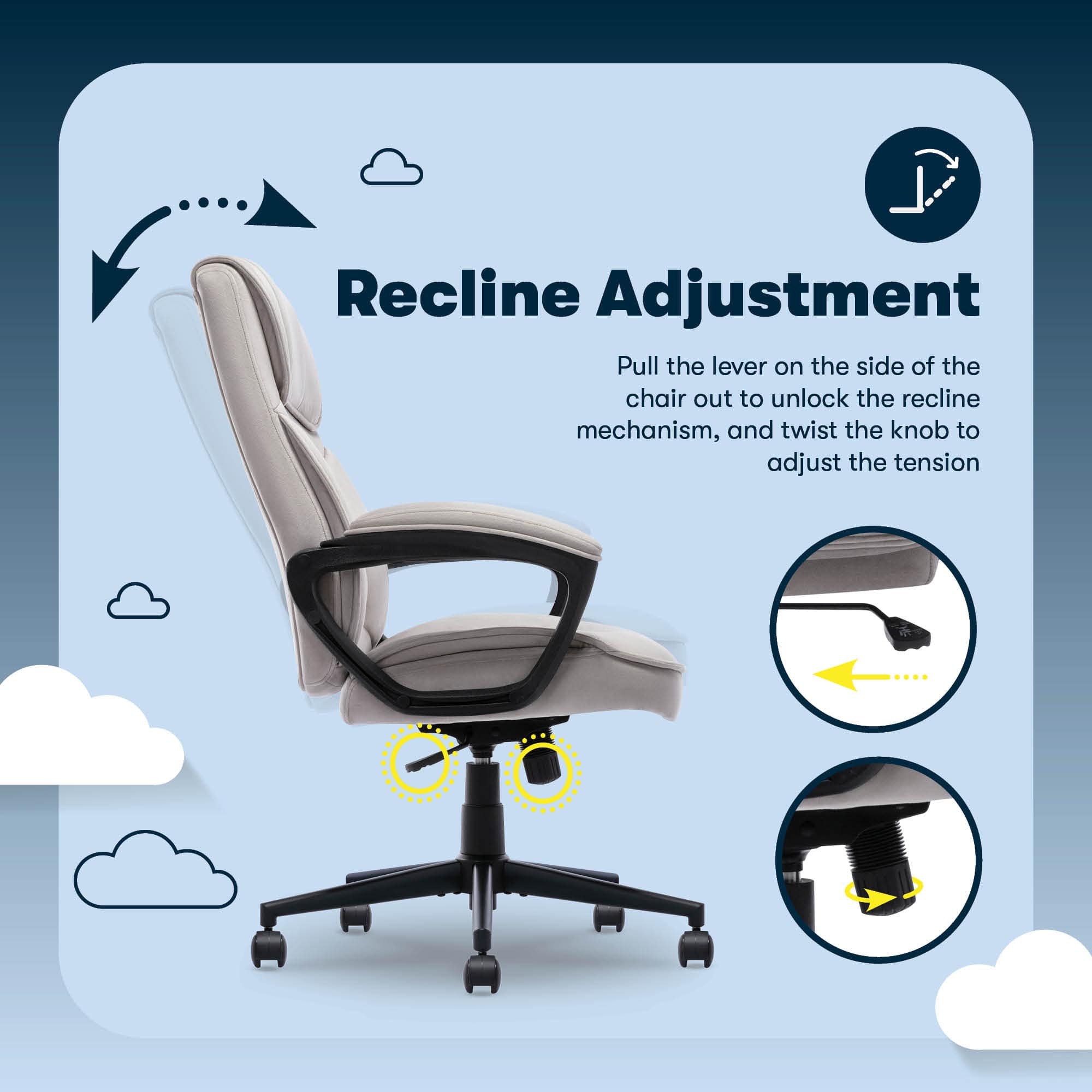 Recline Adjustment:
1. Pull the lever on the side of the chair out to unlock the recline mechanism.
2. Twist the knob to adjust the tension.