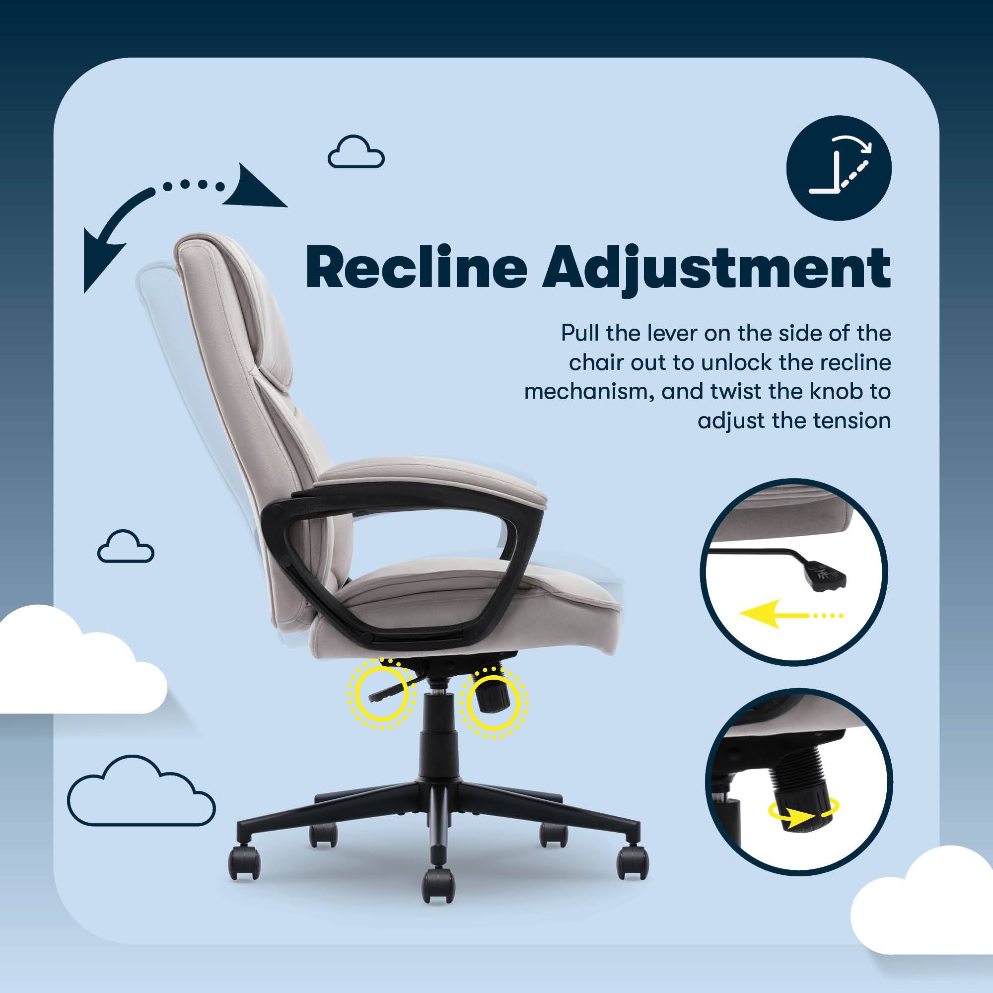 Recline Adjustment:

1. Pull the lever on the side of the chair out to unlock the recline mechanism.
2. Twist the knob to adjust the tension.