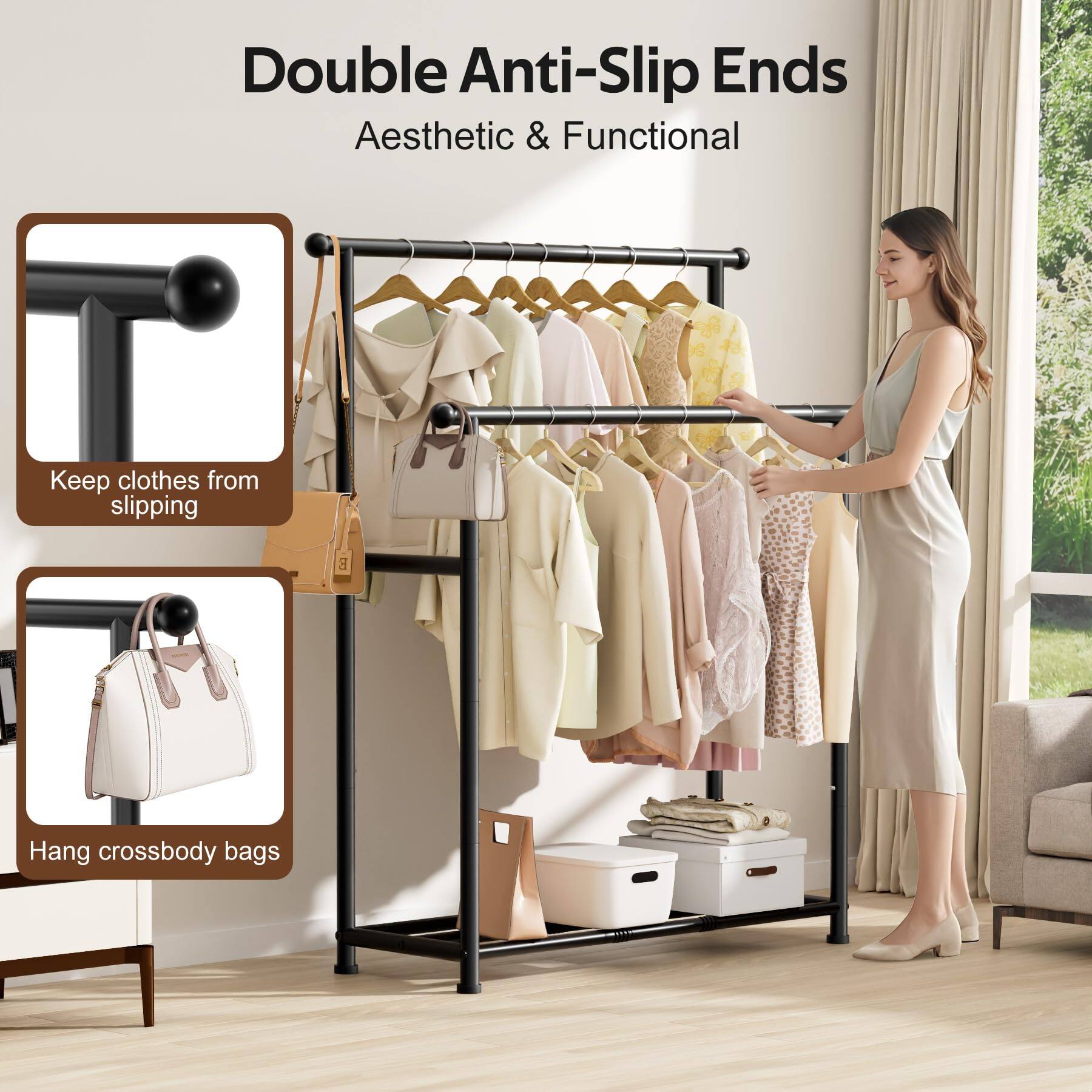 Double Anti-Slip Ends  
Aesthetic & Functional  

Keep clothes from slipping  

Hang crossbody bags