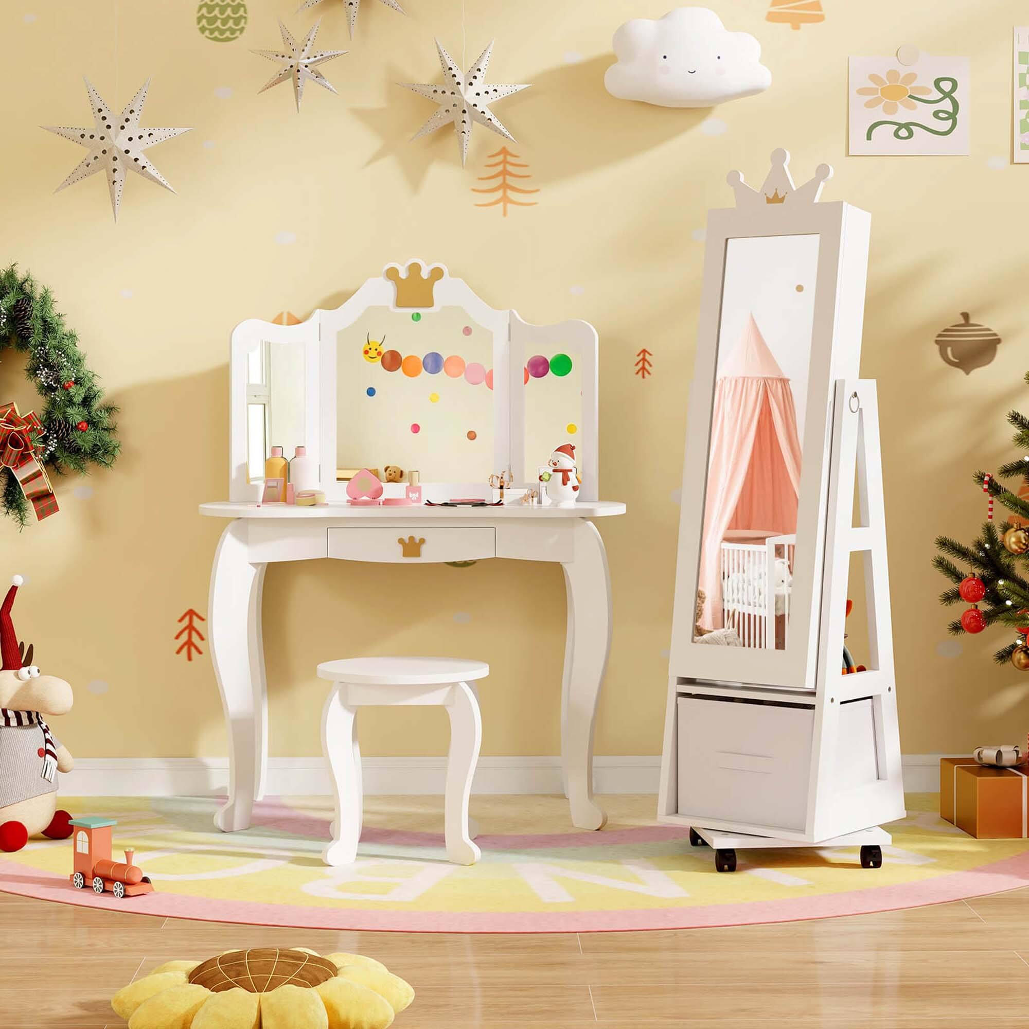 Alt View 1. Costway - Costway Kids Jewelry Cabinet with Full-Length Mirror Foldable Drawer Anti-toppling System - White.