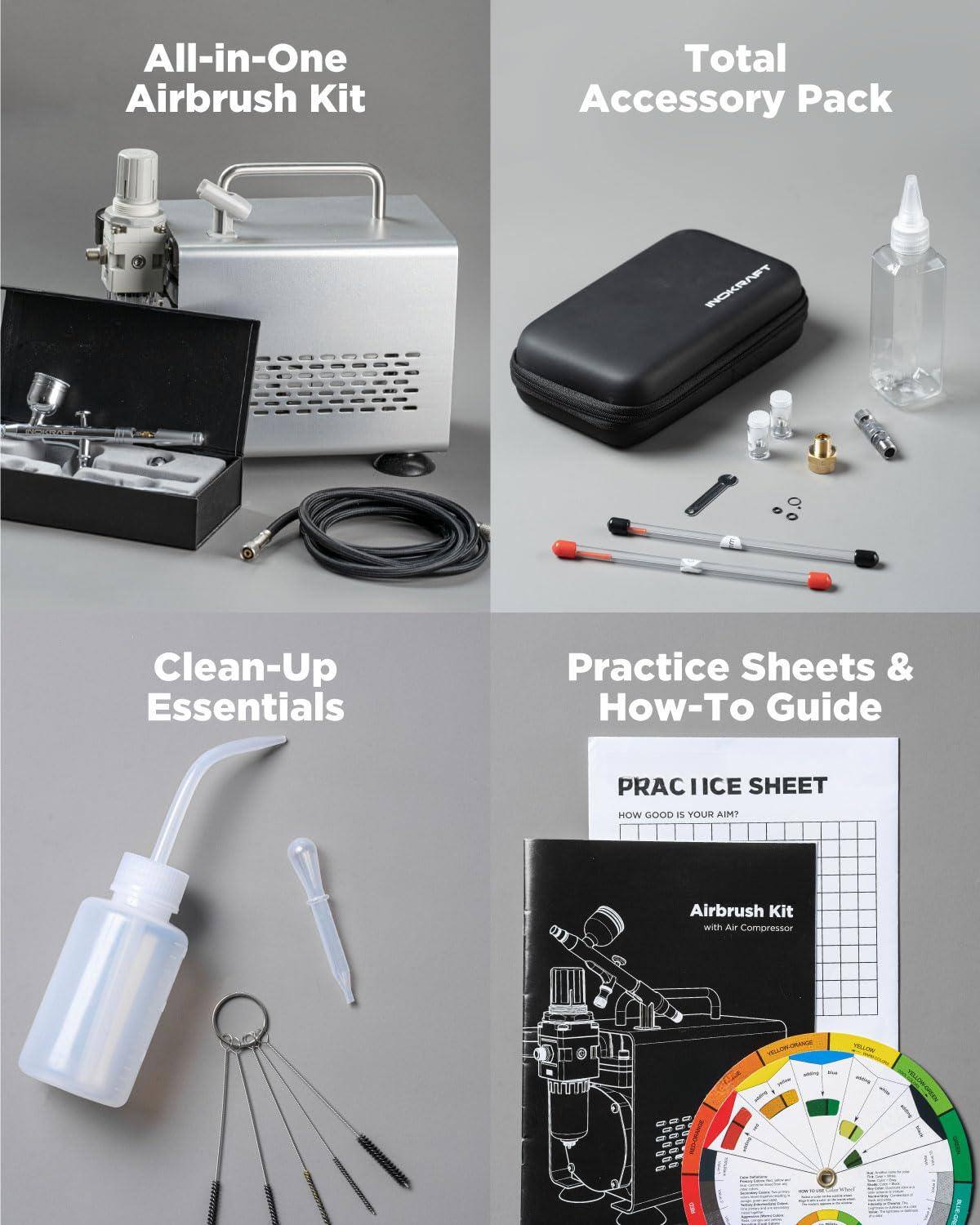 All-in-One Airbrush Kit  
Total Accessory Pack  
Clean-Up Essentials  
Practice Sheets & How-To Guide  

PRAC ICE SHEET  
HOW GOOD IS YOUR AIM?  

Airbrush Kit with Air Compressor