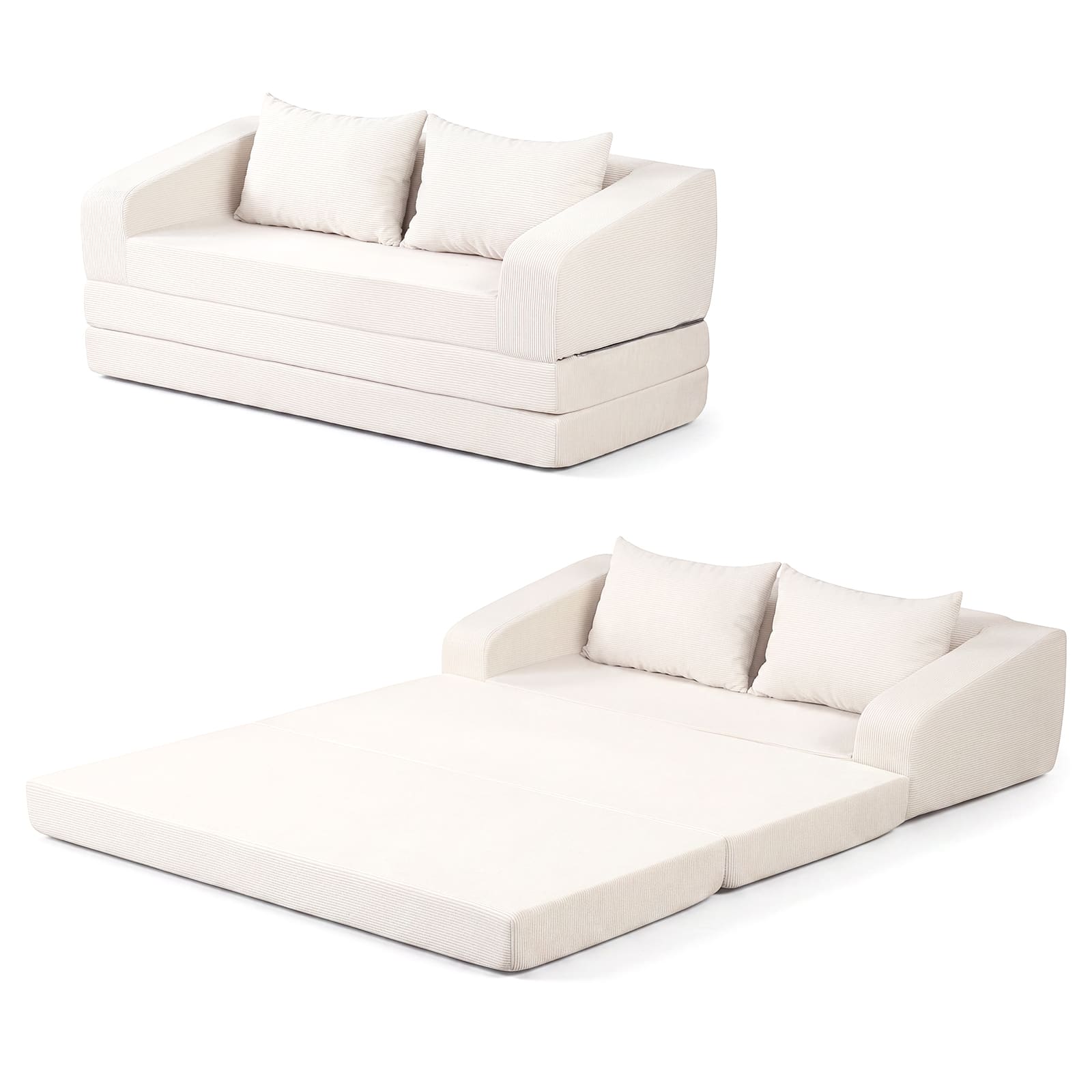 Costway - 61" Convertible Futon Sofa Bed with 2 Back Cushions for Living Room, No Assembly - Beige