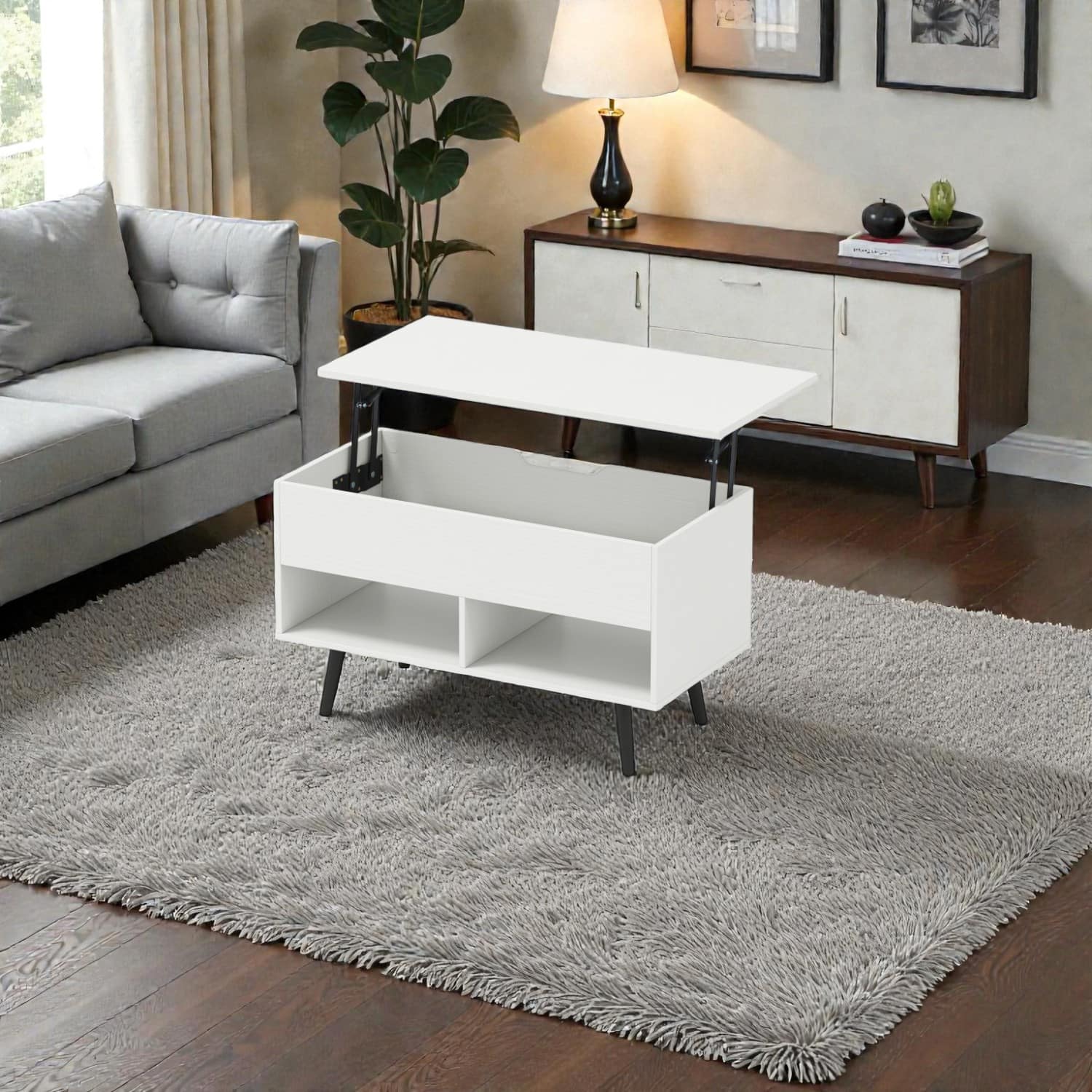 Hivvago - Modern 31.5" Lift-Top Coffee Table with Discreet Storage and Open Shelf Space - White