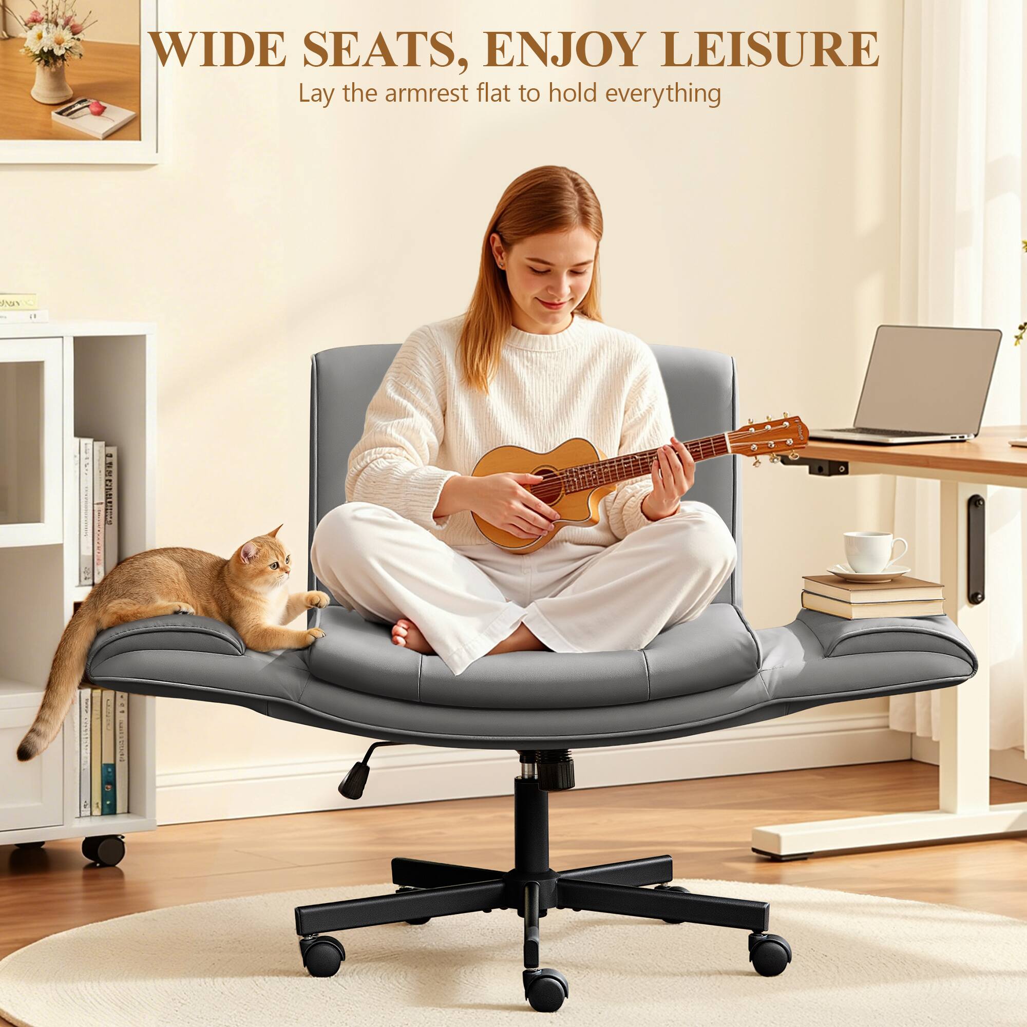 KERDOM - 4 in 1 Cross-Legged Chair with Wheels & Expandable Arms, PU Leather Wide Seat Vanity Chair, Home Office Computer Chair - Dark Gray - Thumbnail 4