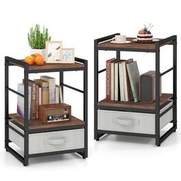 Gymax - 2 PCS Nightstand Industrial Bedside Table w/ Open Storage Shelf & Fabric Drawer - Rustic Brown, Gray