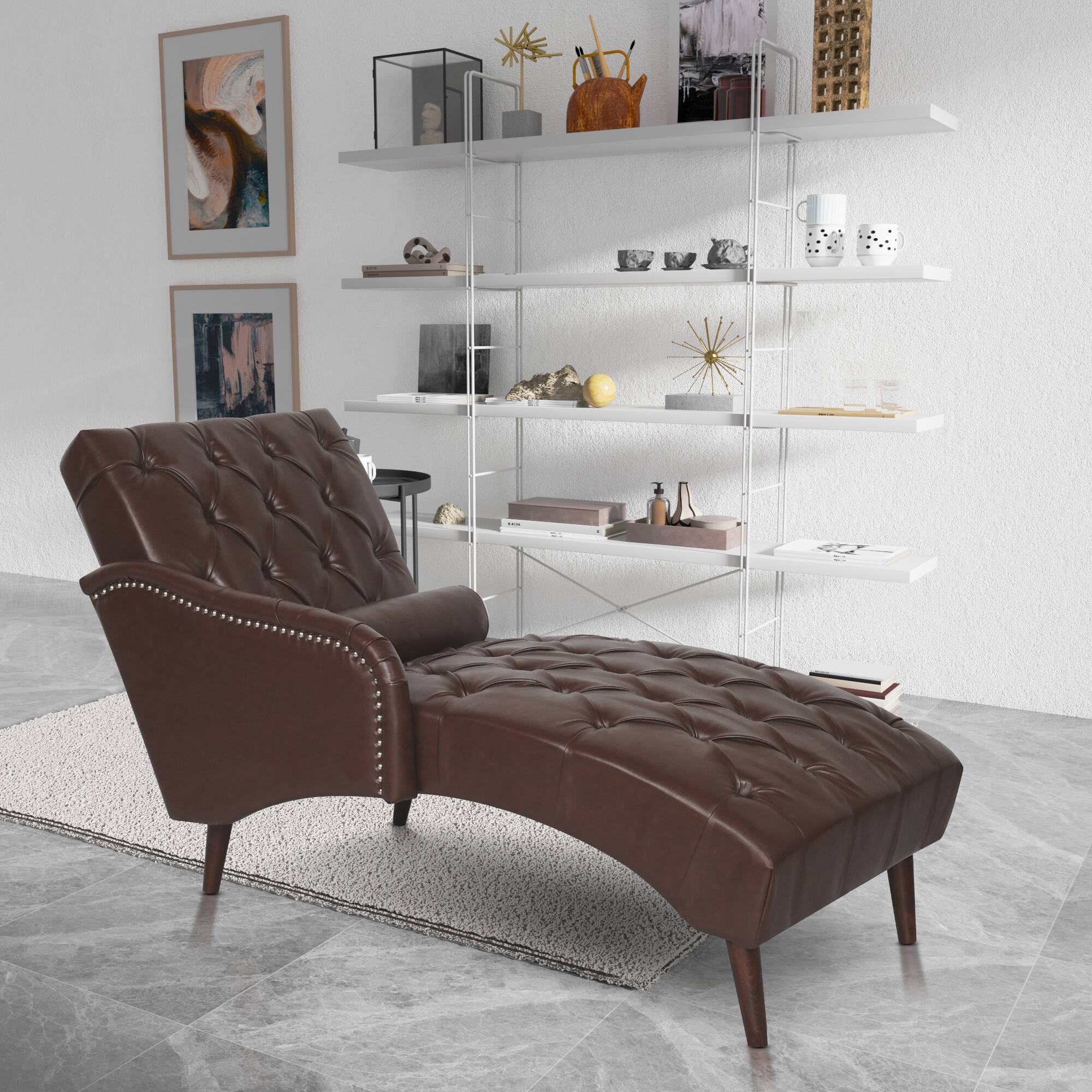 Angle. Boyel Living - Mid-Century Modern Faux Leather Tufted Chaise Lounge with Pillow - Brown.
