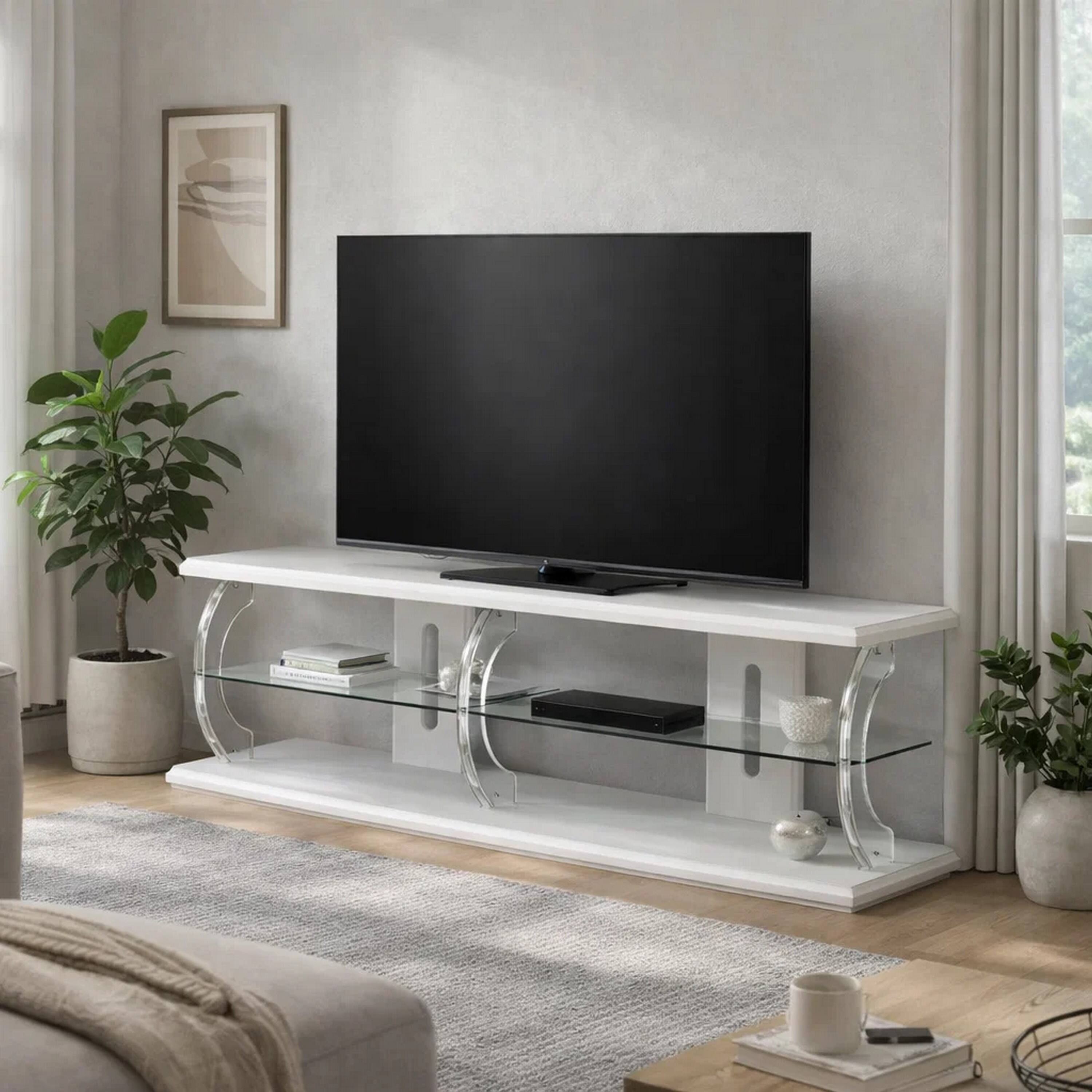 Alt View 6. Manhattan Lane - 60" Wooden TV Stand With Spacious Glass Shelf - White And Clear.