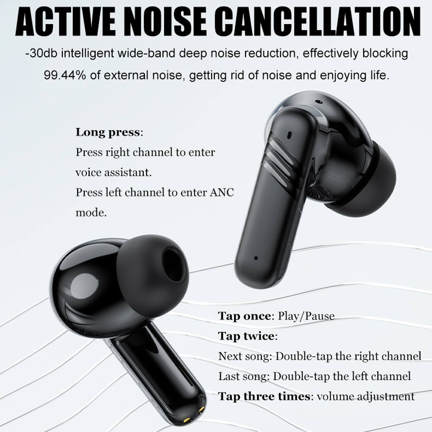 **ACTIVE NOISE CANCELLATION**

-30db intelligent wide-band deep noise reduction, effectively blocking 99.44% of external noise, getting rid of noise and enjoying life.

**Long press:**
- Press right channel to enter voice assistant.
- Press left channel to enter ANC mode.

**Tap once:**
- Play/Pause

**Tap twice:**
- Next song: Double-tap the right channel
- Last song: Double-tap the left channel

**Tap three times:**
- Volume adjustment