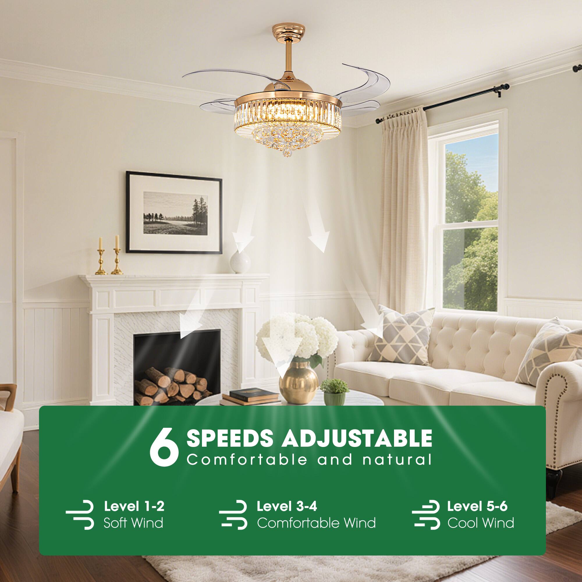 6 SPEEDS ADJUSTABLE  
Comfortable and natural  
Level 1-2: Soft Wind  
Level 3-4: Comfortable Wind  
Level 5-6: Cool Wind