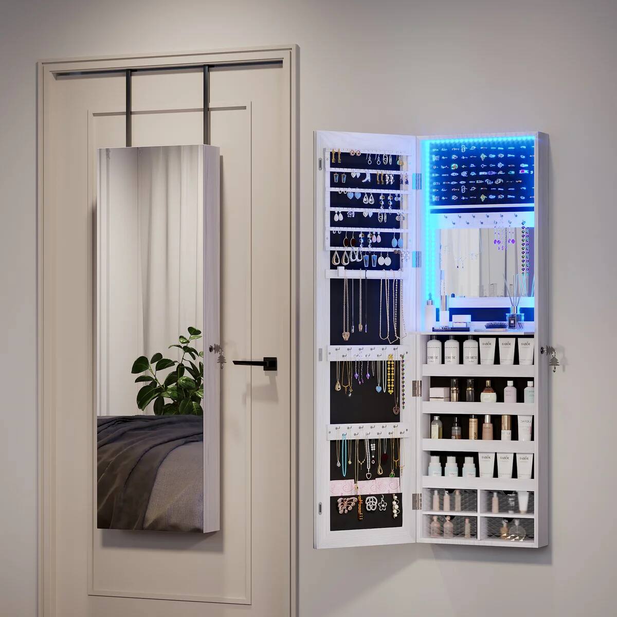 Angle. Malletson - 47" x 14.5" Mirrored Jewelry Cabinet with 3-Color LED Lights, Wall/Door Mount Lockable Jewelry Storage Armoire - White - White.