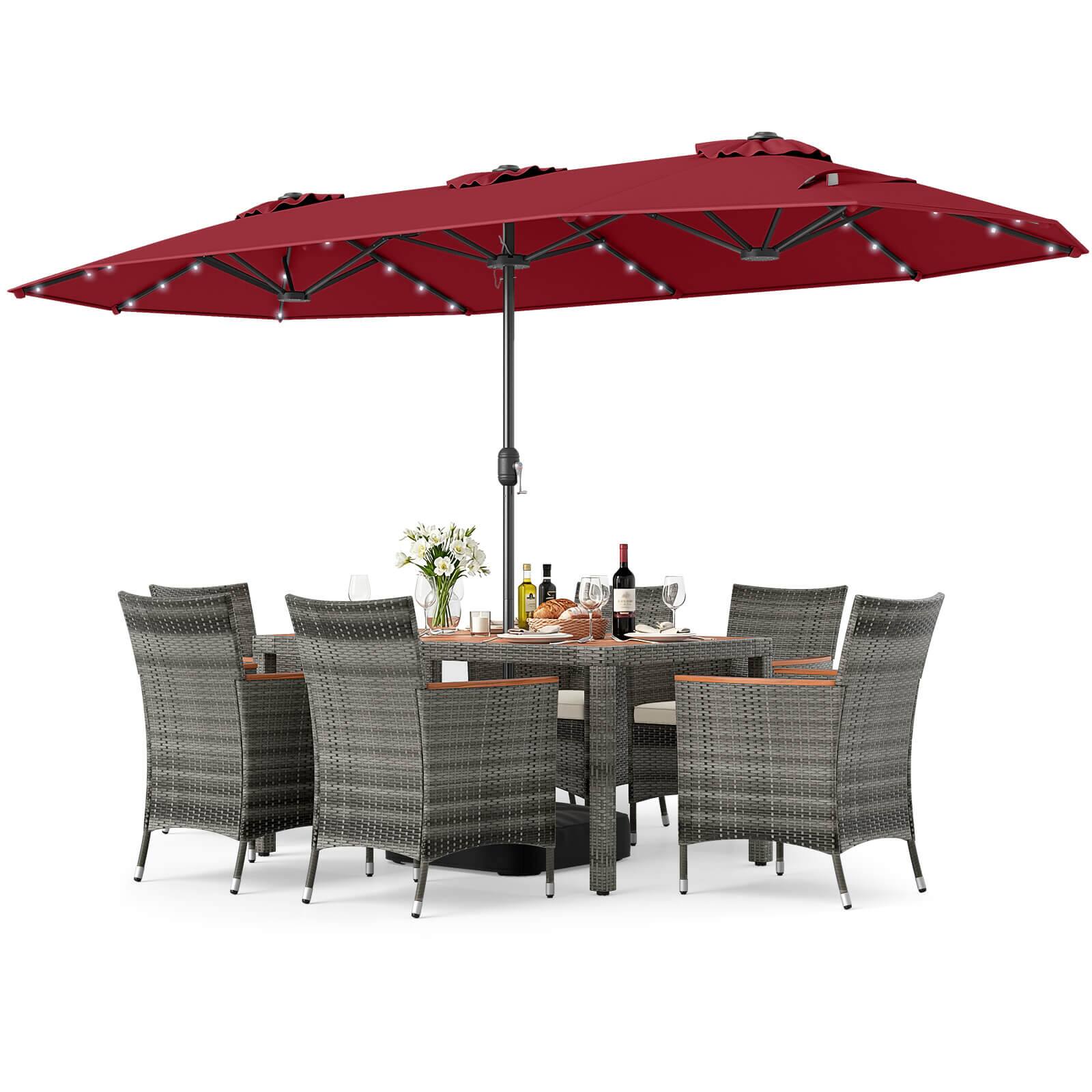 Alt View 5. Costway - Costway 8 PCS Outdoor Wicker Dining Furniture & Double-Sided Umbrella with Solar LED Lights - Wine + Mix Gray.