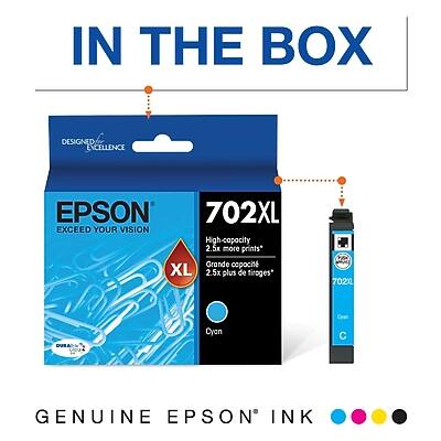 IN THE BOX

DESIGN FOR EXCELLENCE

EPSON
EXCEED YOUR VISION

702XL
High-capacity, 2.5x more prints*
Grande capacité XL, 2.5x plus de tirages*

XL
Cyan

GENUINE EPSON INK