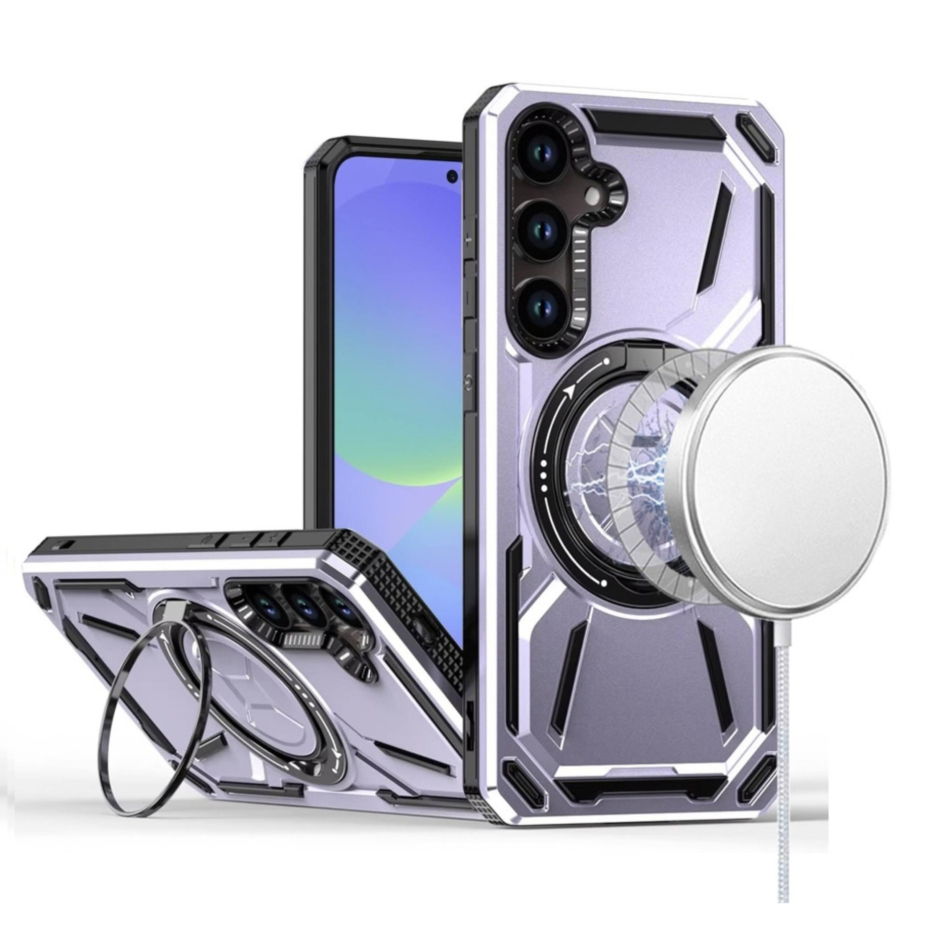 Front. Kitcheniva - Metallic Finish Rotating Ring Stand Phone Case With Tempered Glass For Samsung Galaxy A37 5G Purple - Purple.