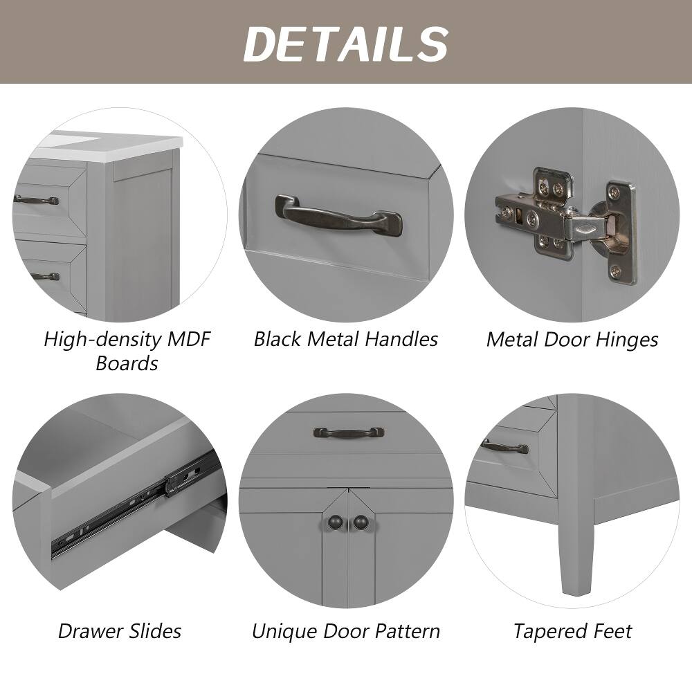 DETAILS
- High-density MDF Boards
- Black Metal Handles
- Metal Door Hinges
- Drawer Slides
- Unique Door Pattern
- Tapered Feet