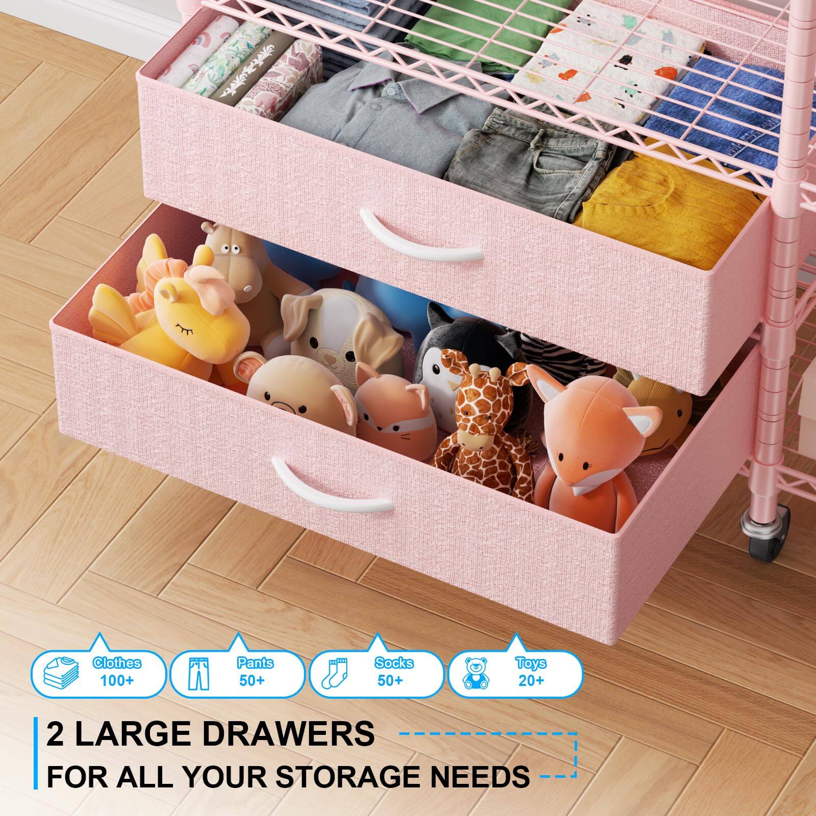 Clothes 100+  
Pants 50+  
Socks 50+  
Toys 20+  

2 LARGE DRAWERS FOR ALL YOUR STORAGE NEEDS