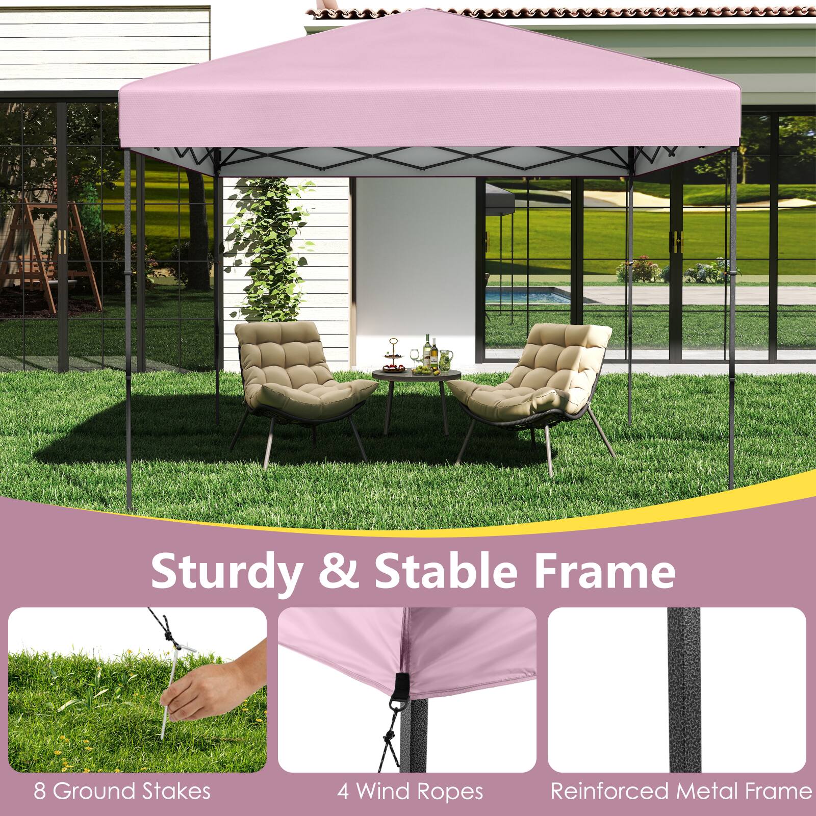Sturdy & Stable Frame

8 Ground Stakes

4 Wind Ropes

Reinforced Metal Frame