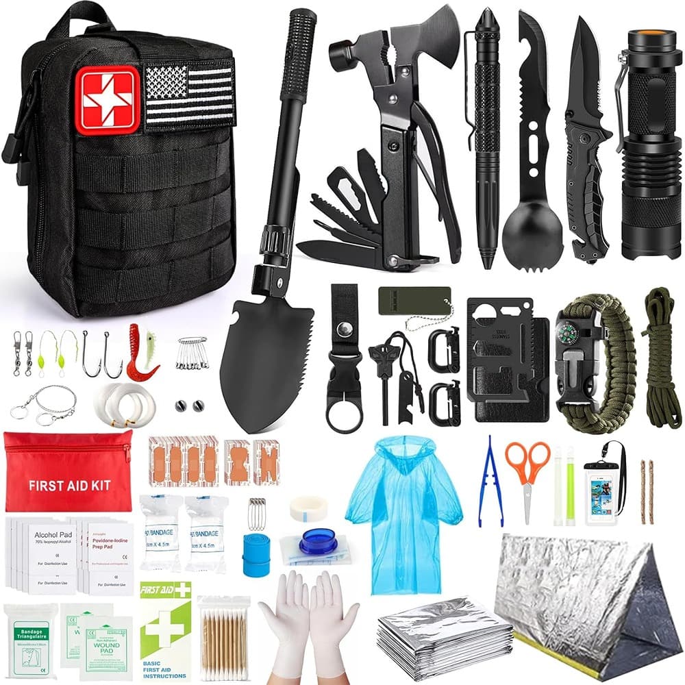 PARKER SLATER - Survival Kit, 222 PCS Emergency Gear, Molle Bag, Outdoor Camping, Hiking, Fishing - Black