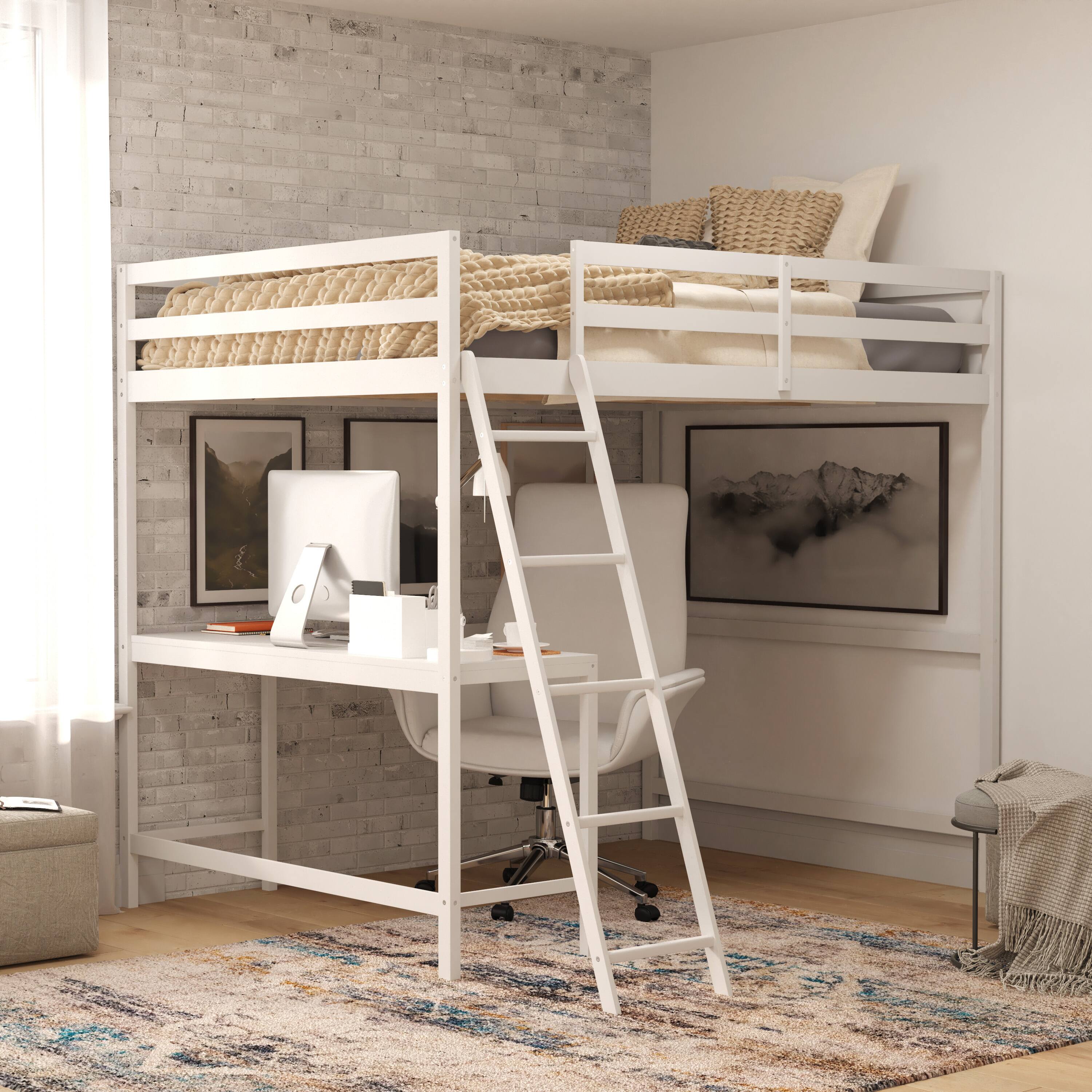 Angle. Flash Furniture - Riley Loft Bed Frame with Desk, Full Size Wooden Bed Frame with Protective Guard Rails & Ladder for Kids and Teens - Whi - White.