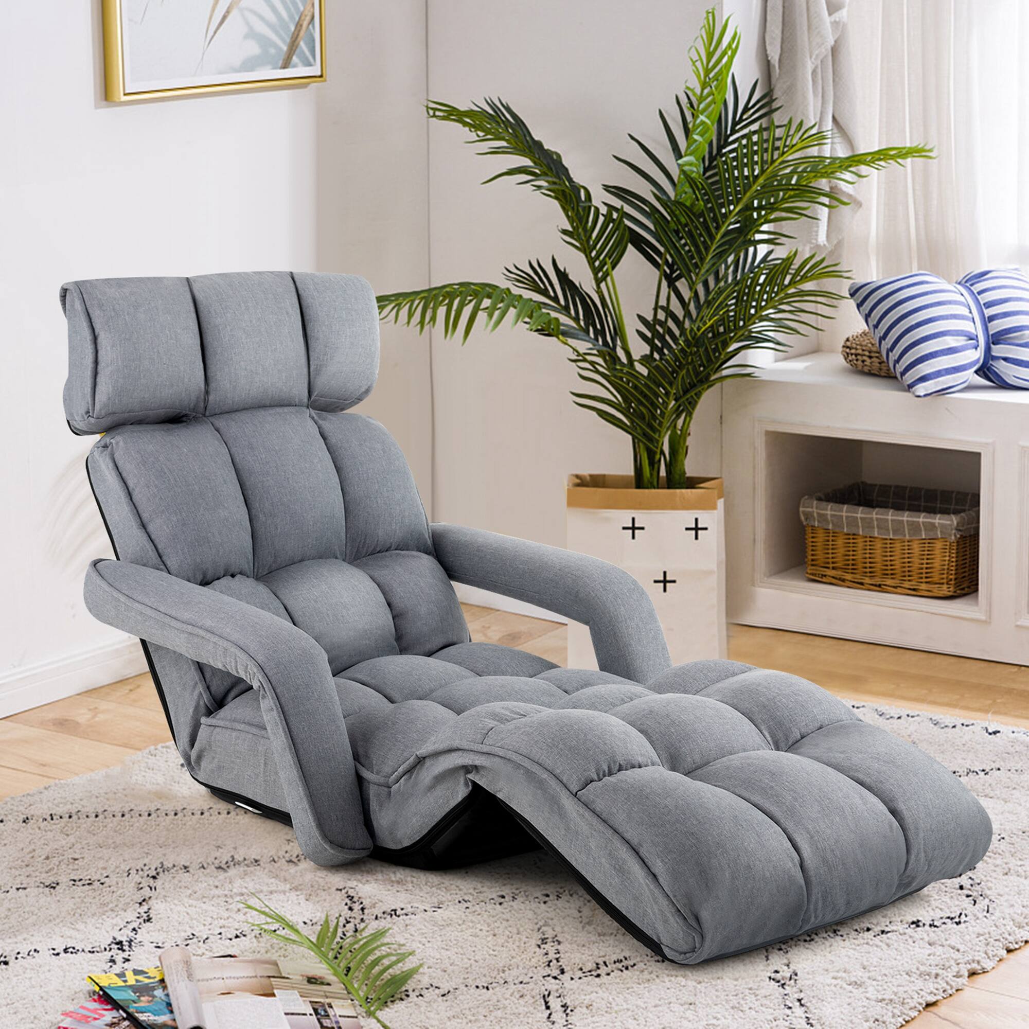 Alt View 1. Costway - Costway 6-Position Adjustable Floor Chair for Adults Foldable Lazy Sofa for Living Room Grey - Grey.