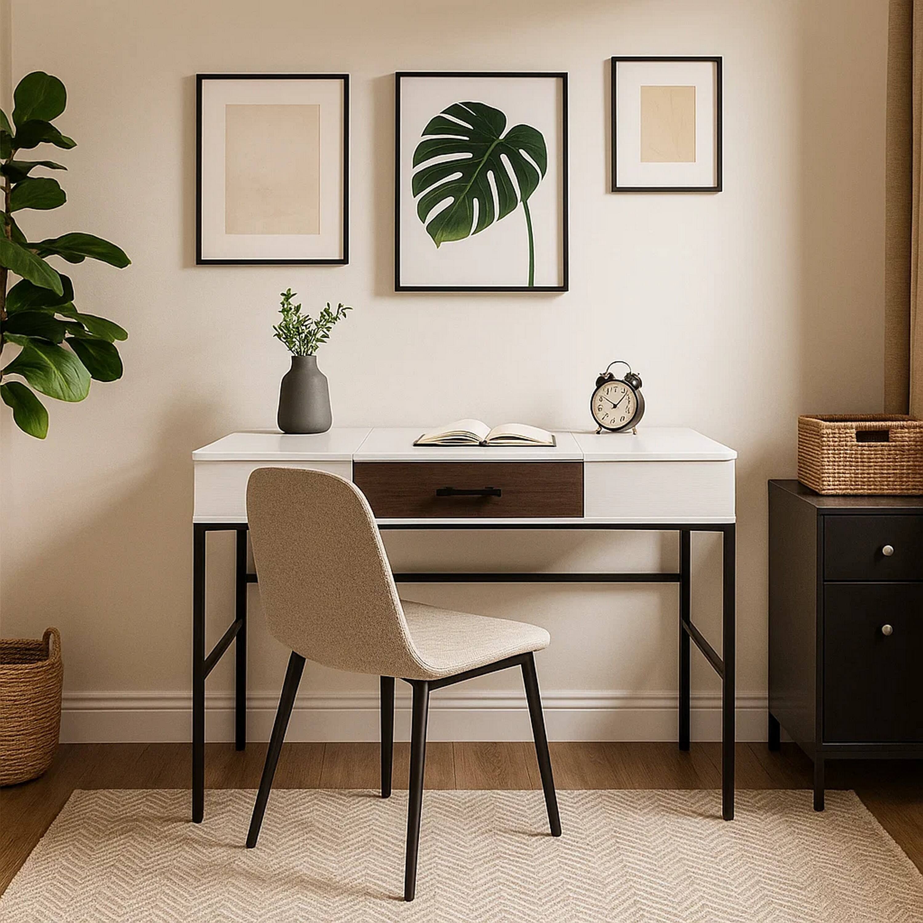 Alt View 2. Manhattan Lane - Writing Desk with 2 Hinged Top Storage Compartments, White and Black - White and Black.