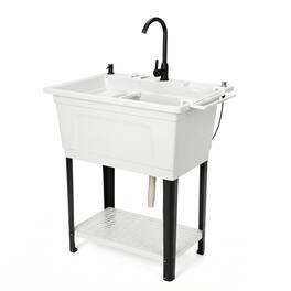 Winado - Freestanding Utility Sink with Stainless Steel Faucet, Soap Dispenser, Towel Holder, Storage Shelf, Phone Stand for Home - White