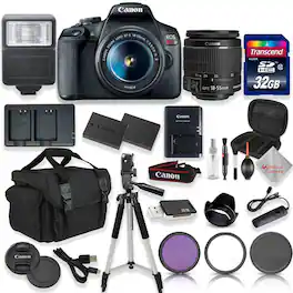 Bundle - Canon - EOS Rebel T7 DSLR Camera with 18-55mm EF-s f/3.5-5.6 IS II Lens + 32GB High Speed Memory + Shoulder Bag + Tripod - Black