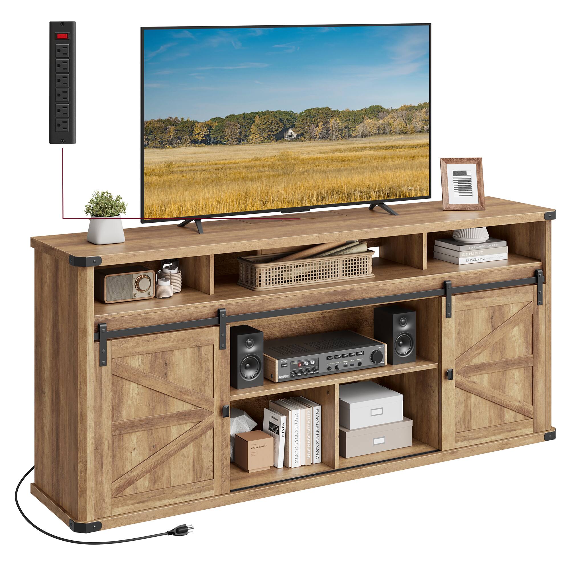 Songmics Home - TV Stand for TVs up to 75 Inches, Farmhouse Entertainment Center with Sliding Barn Doors, TV Console Table - Honey Brown