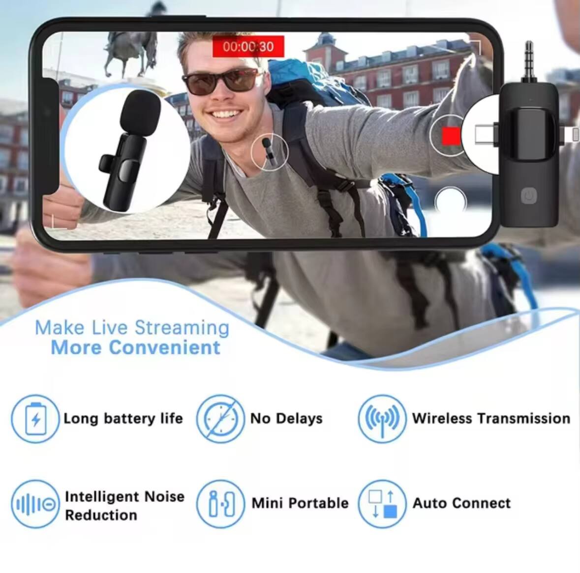 Make Live Streaming More Convenient

- Long battery life
- No Delays
- Wireless Transmission
- Intelligent Noise Reduction
- Mini Portable
- Auto Connect