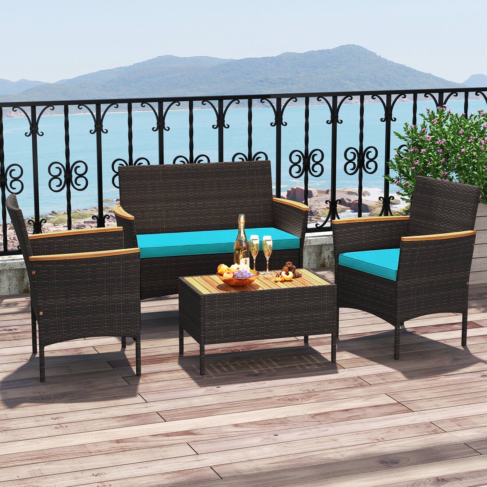 Gymax 8 PCS Patio Wicker Sofa Set w/ Coffee Table Acacia Wood Armrests ...