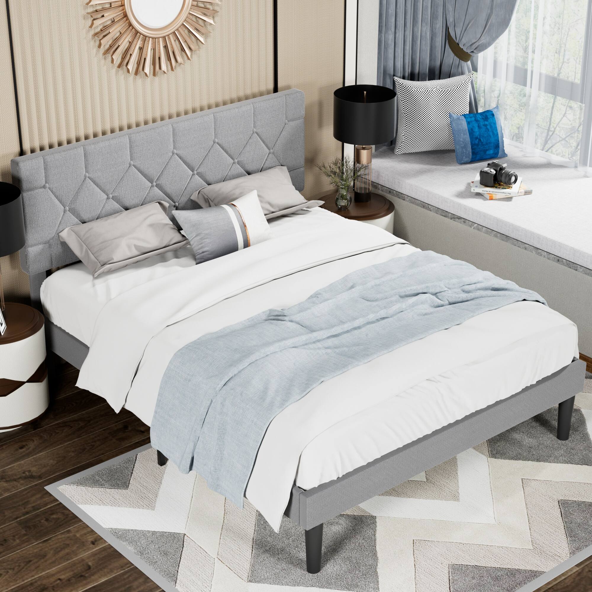 Alt View 4. Vecelo - Queen Bed Frame with Upholstered Headboard, Heavy Duty Wooden Bed Slats - Noiseless Platform Bed, No Box Spring Required - Grey.