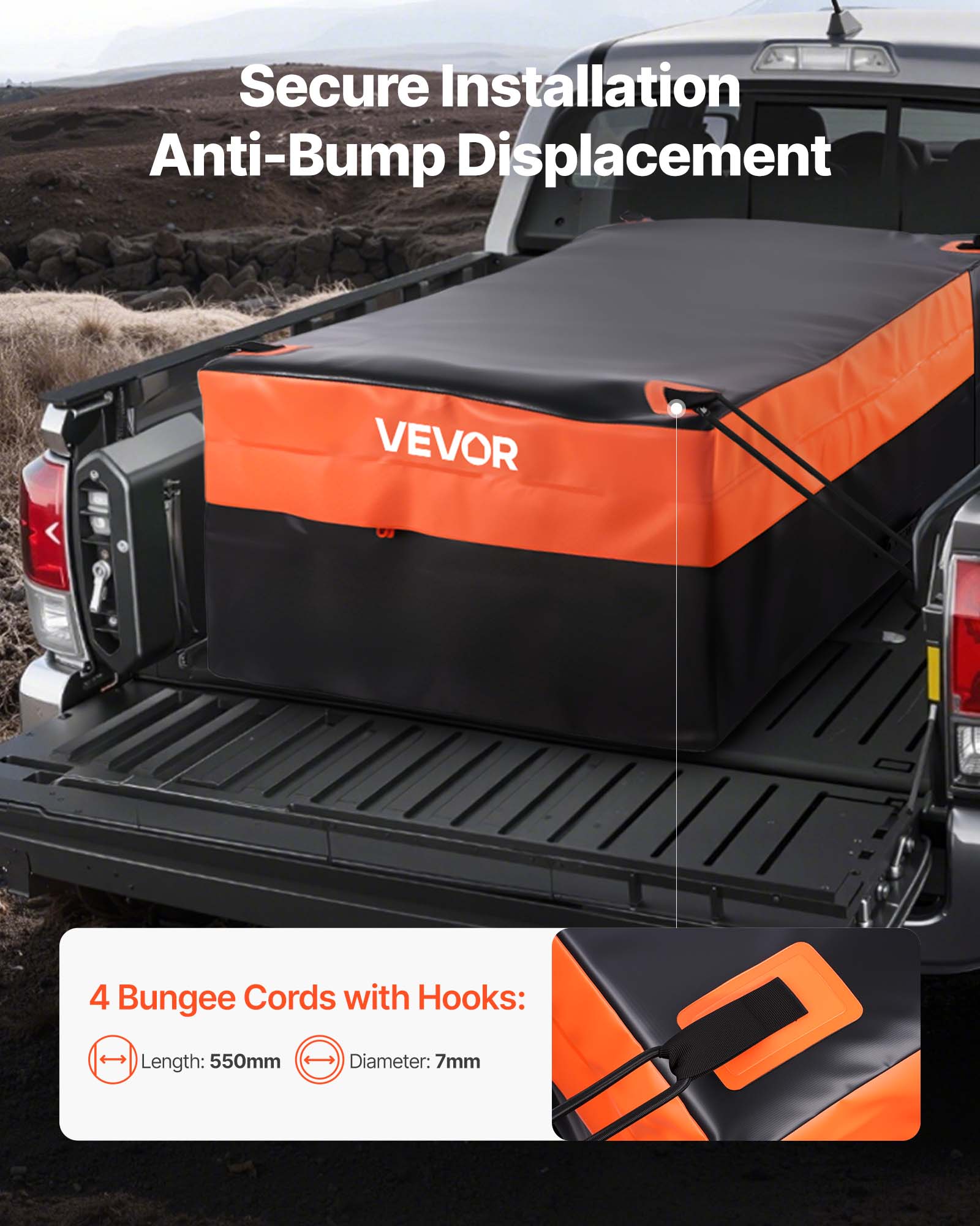 Secure Installation Anti-Bump Displacement

VEVOR

4 Bungee Cords with Hooks:
- Length: 550mm
- Diameter: 7mm
