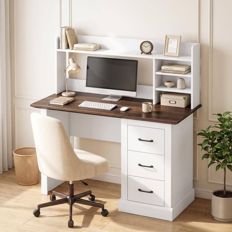 Alt View 1. PULUZ - Computer Desk with 3 Drawers and Storage Shelves, 47 inch Home Office Study Writing Table - Walnut and White.