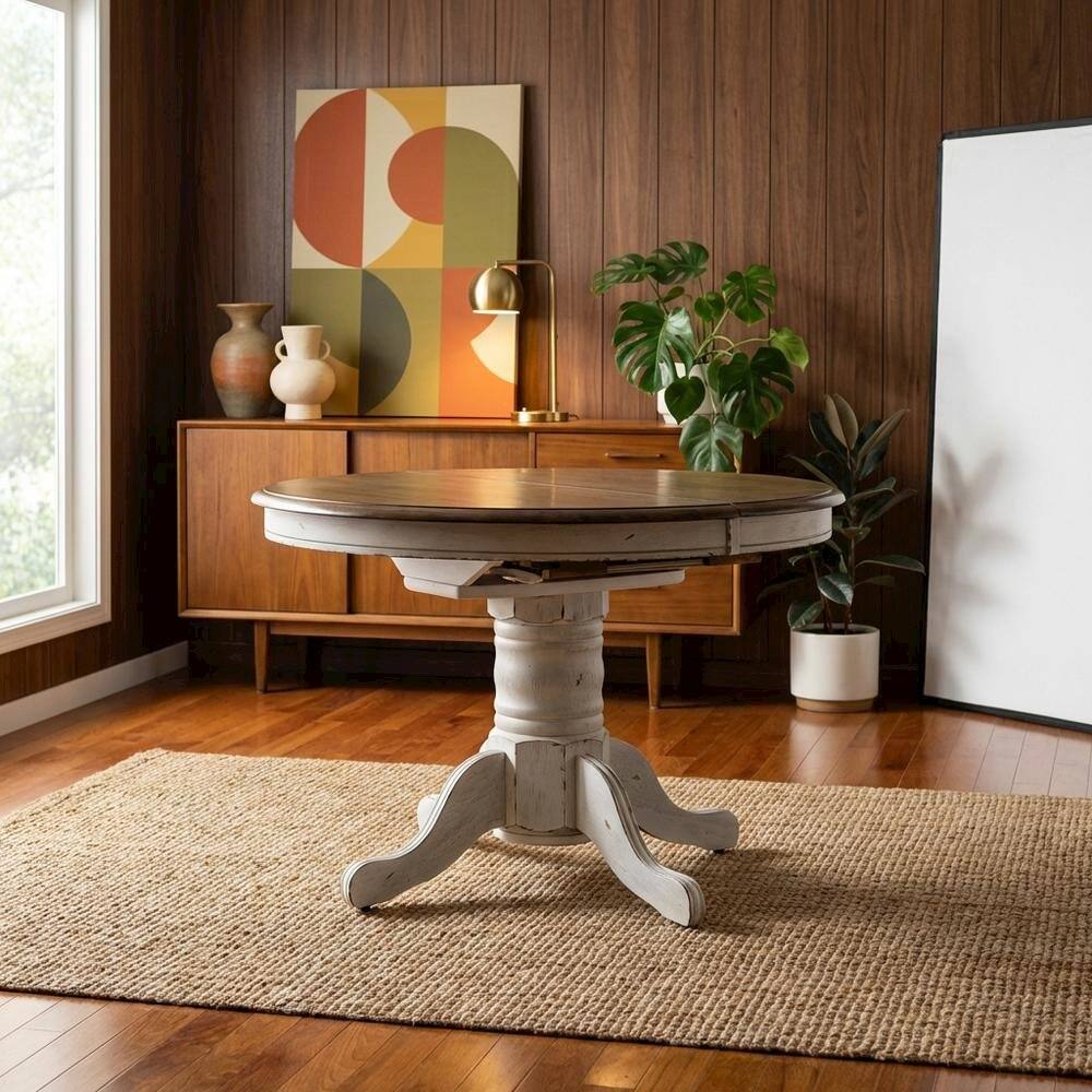 Alt View 3. Starlight Canyon Home - Starlight Canyon Home Pedestal Table, Pedestal Base, Quality Build - White - White W/ Antique Honey Top.