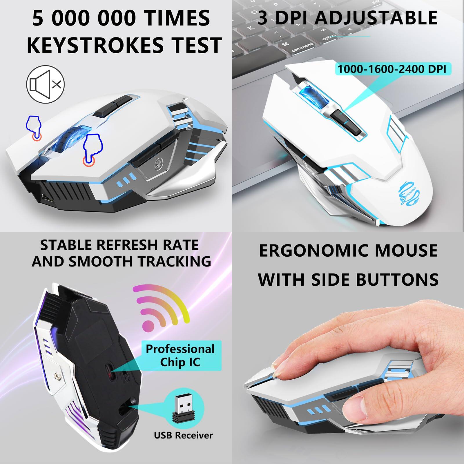 5 000 000 TIMES KEYSTROKES TEST

3 DPI ADJUSTABLE
1000-1600-2400 DPI

STABLE REFRESH RATE AND SMOOTH TRACKING

ERGONOMIC MOUSE WITH SIDE BUTTONS

Professional Chip IC
USB Receiver