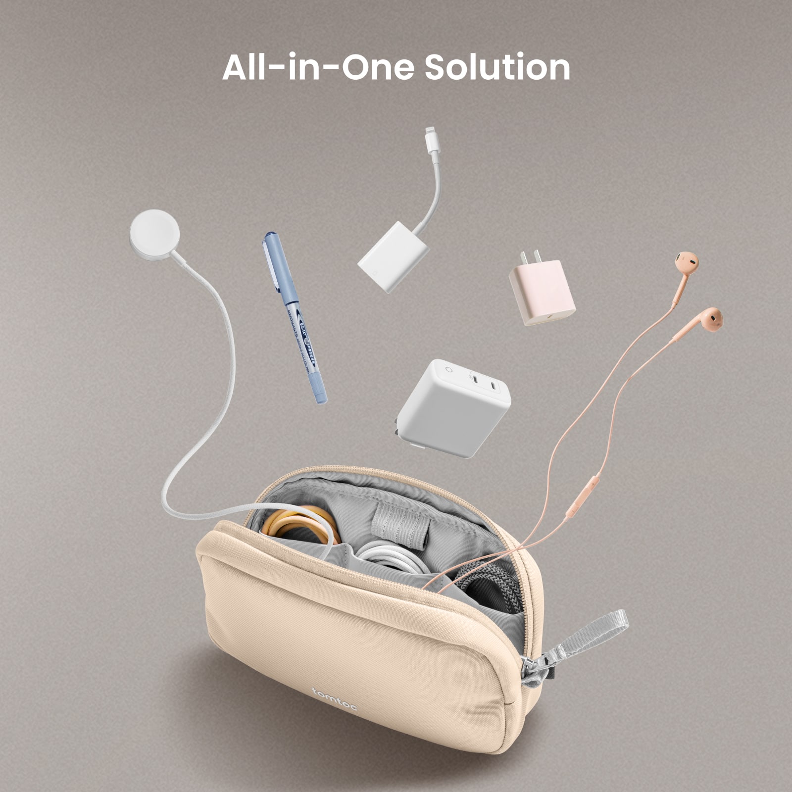 All-in-One Solution: A bag containing various items such as a pen, earbuds, and a charger.