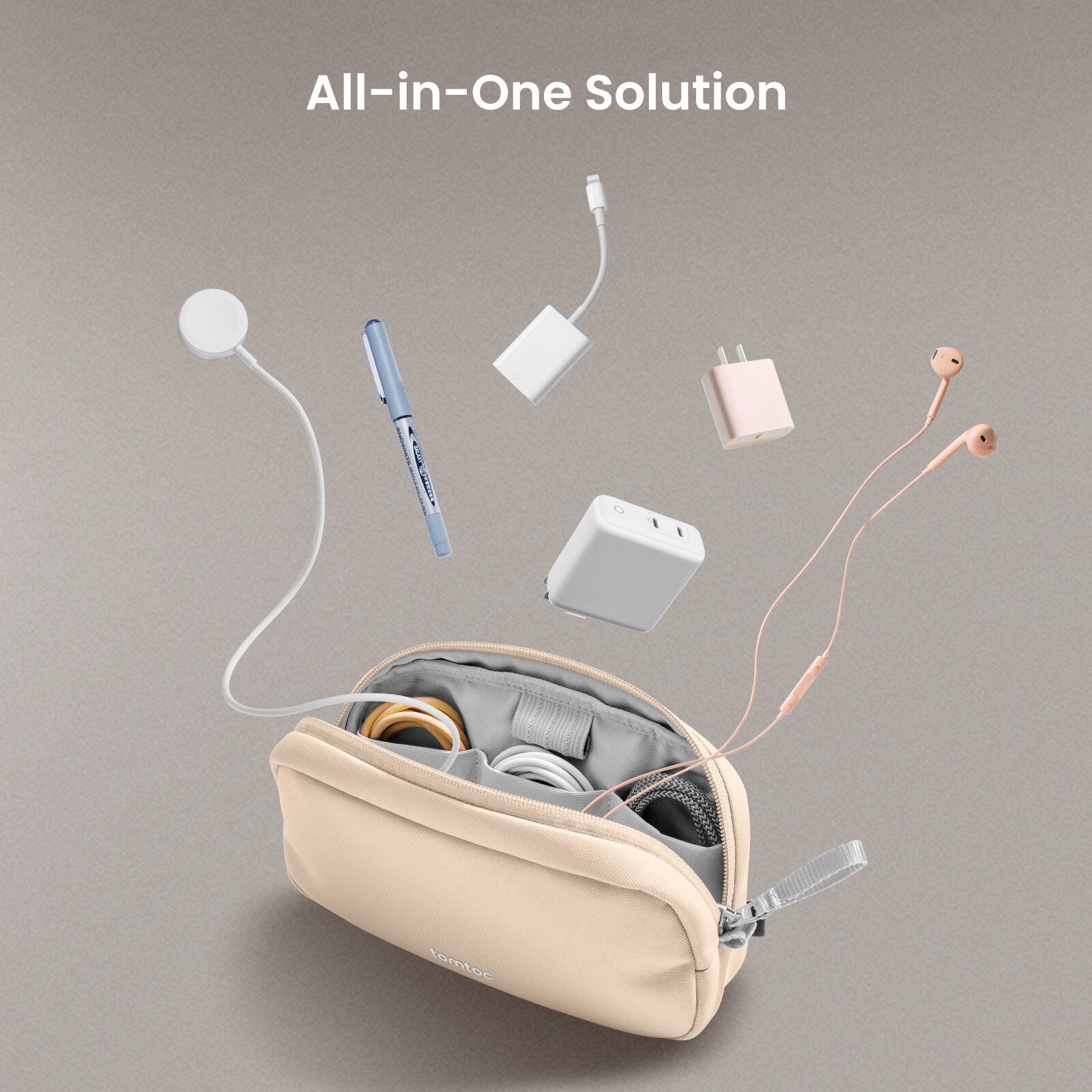 All-in-One Solution: A bag containing various items such as a pen, earbuds, and a charger.