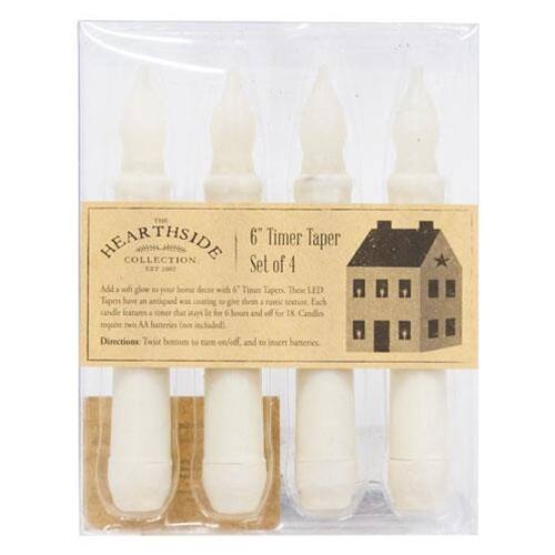 **HEARTH SIDE COLLECTION**

**6" Timer Taper Set of 4**

Add a soft glow to your home decor with 6" Timer Tapers. These LED Tapers have an antiqued wax coating to give them a natural look. Each taper features a KUNY timer that plays for 6 hours and off for 18 hours. Requires two AA batteries (not included).

**Directions:**
Twist button to turn on and off. Insert batteries.