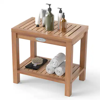 Front. Gymax - Gymax 19 Inch Teak Wood Shower Bench Inside Shower Stool w/ Storage Shelf for Adults - Teak.