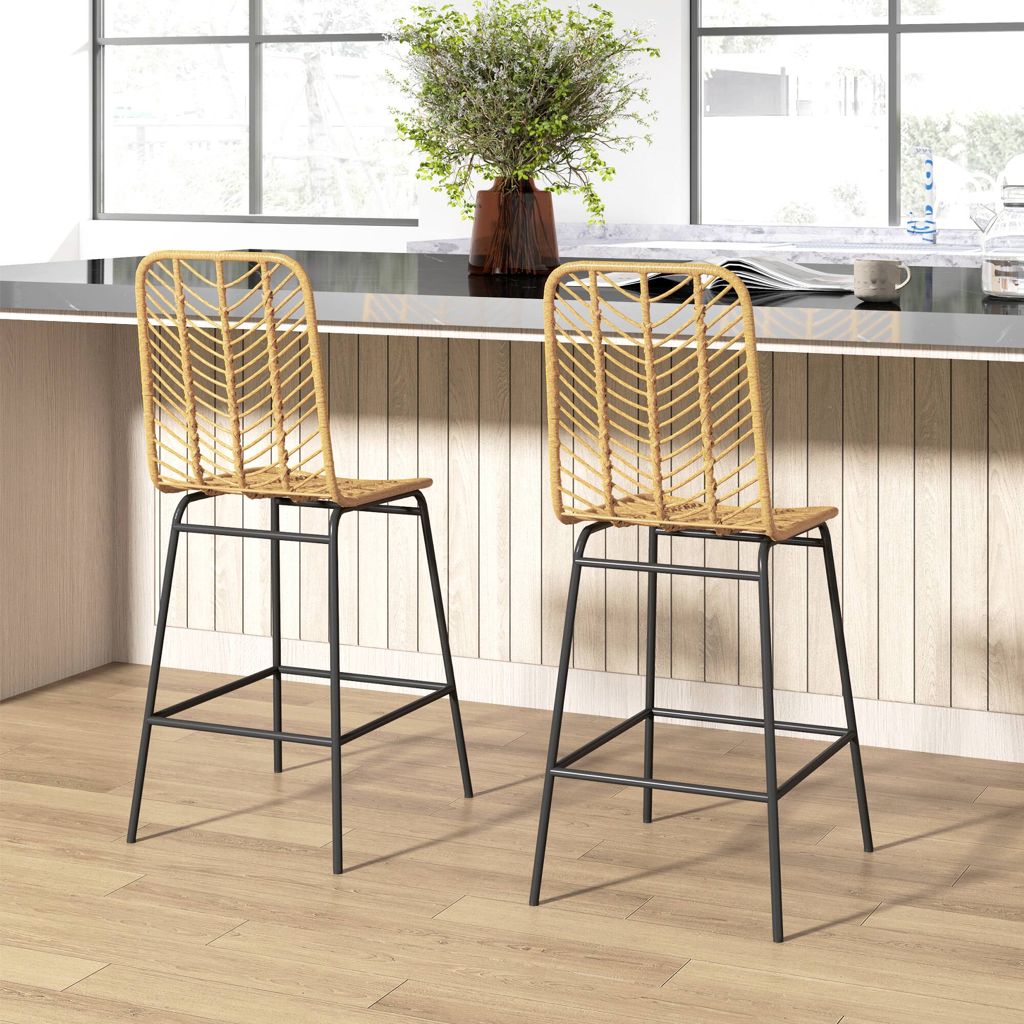 Alt View 1. Homcom - Rattan Bar Stools Set of 2, 26" Counter Height Barstools, Kitchen Island Stools with Breathable Wicker Seat and Back - Yellow.