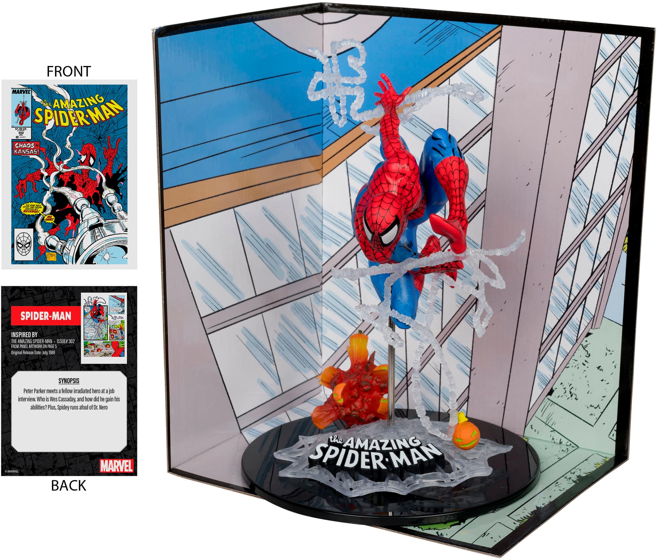 Front: Marvel Amazing Spider-Man: Man - Chaos in Kansas! - Mr. Spider-Man inspired by the Amazing Spider-Man.
Back: See 1 hero interview another hero in the original Amazing Spider-Man #50. Synopsis: Peter Parker meets a fellow superhero and learns about his powers.