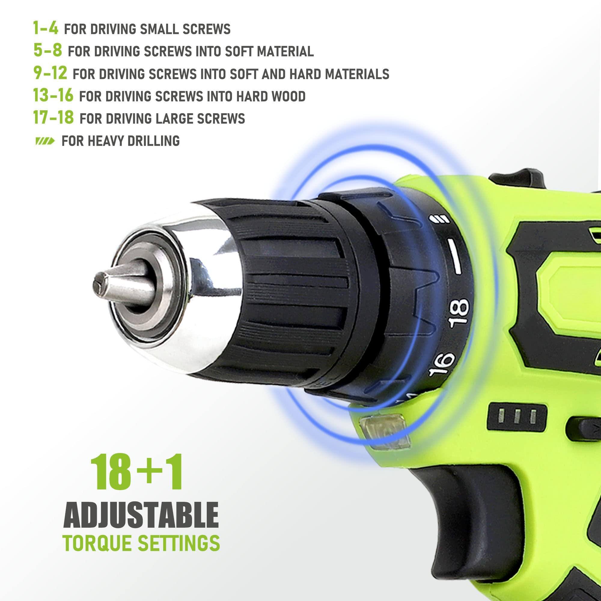 1-4 FOR DRIVING SMALL SCREWS  
5-8 FOR DRIVING SCREWS INTO SOFT MATERIAL  
9-12 FOR DRIVING SCREWS INTO SOFT AND HARD MATERIALS  
13-16 FOR DRIVING SCREWS INTO HARD WOOD  
17-18 FOR DRIVING LARGE SCREWS  
FOR HEAVY DRILLING  

18+1 ADJUSTABLE TORQUE SETTINGS